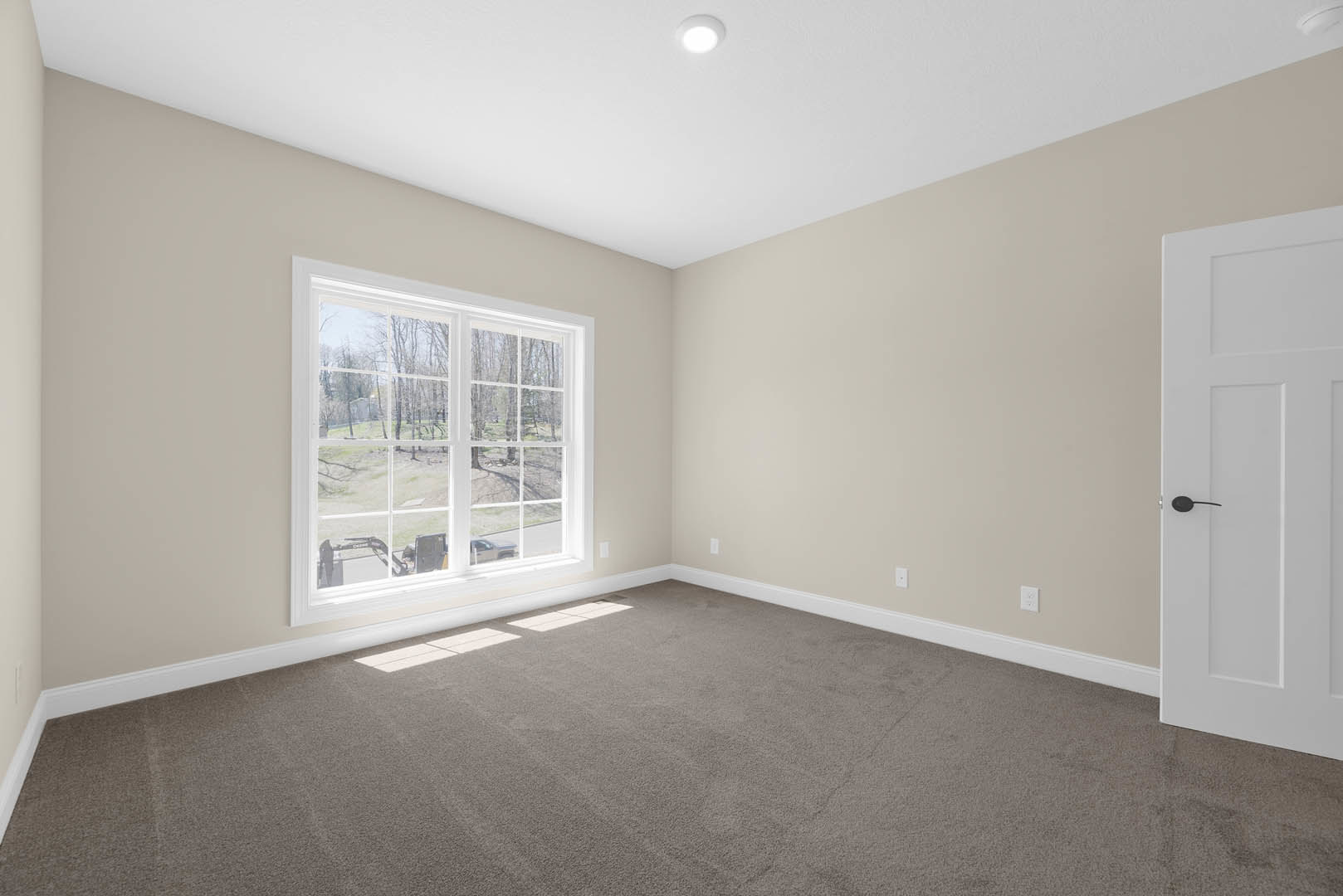 Carpeted room with a large window overlooking a green yard, white walls, white door with black handle, ceiling light fixture