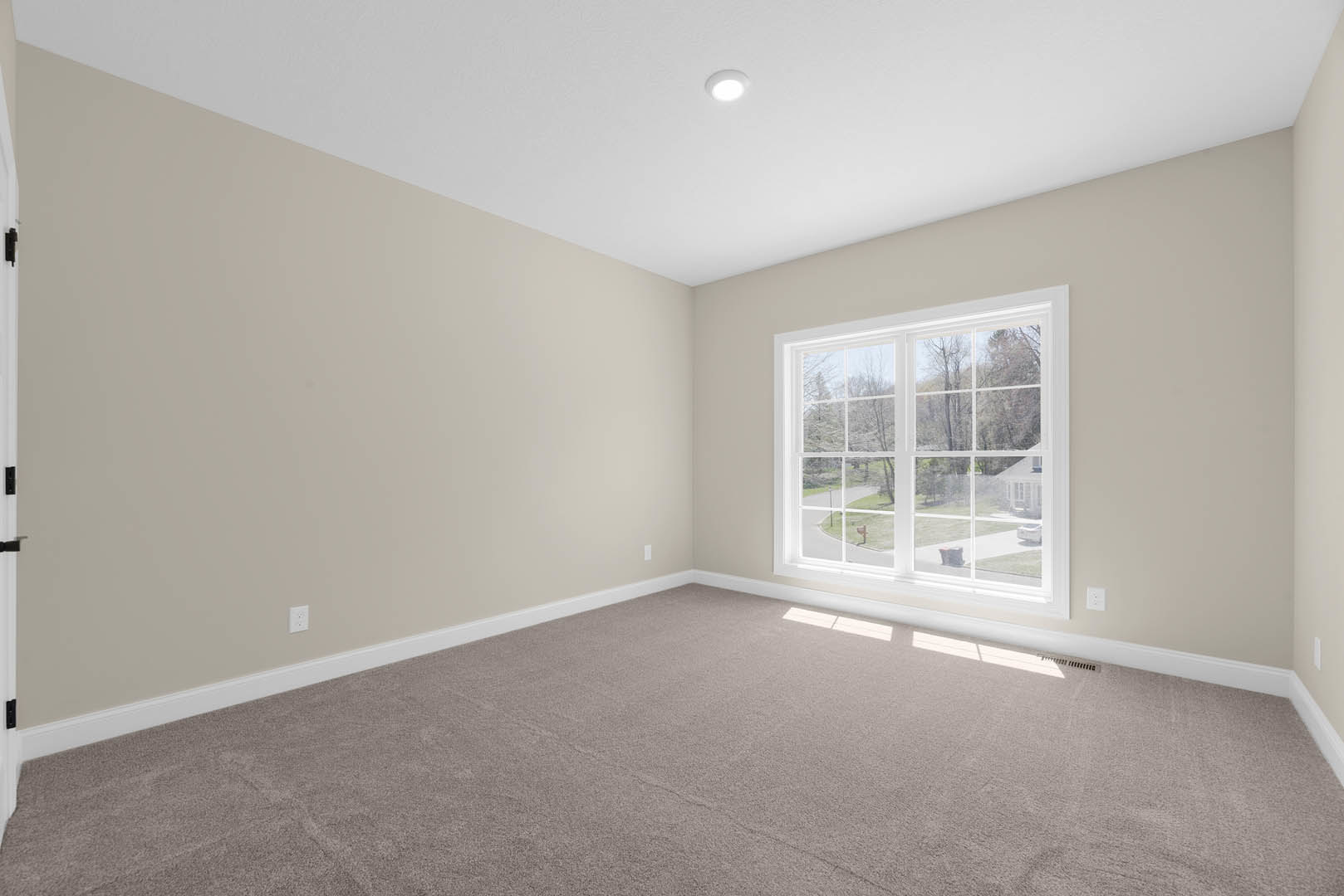 Carpeted room with white walls, ceiling light fixture, window featuring a white shade, and view of street and trees outside