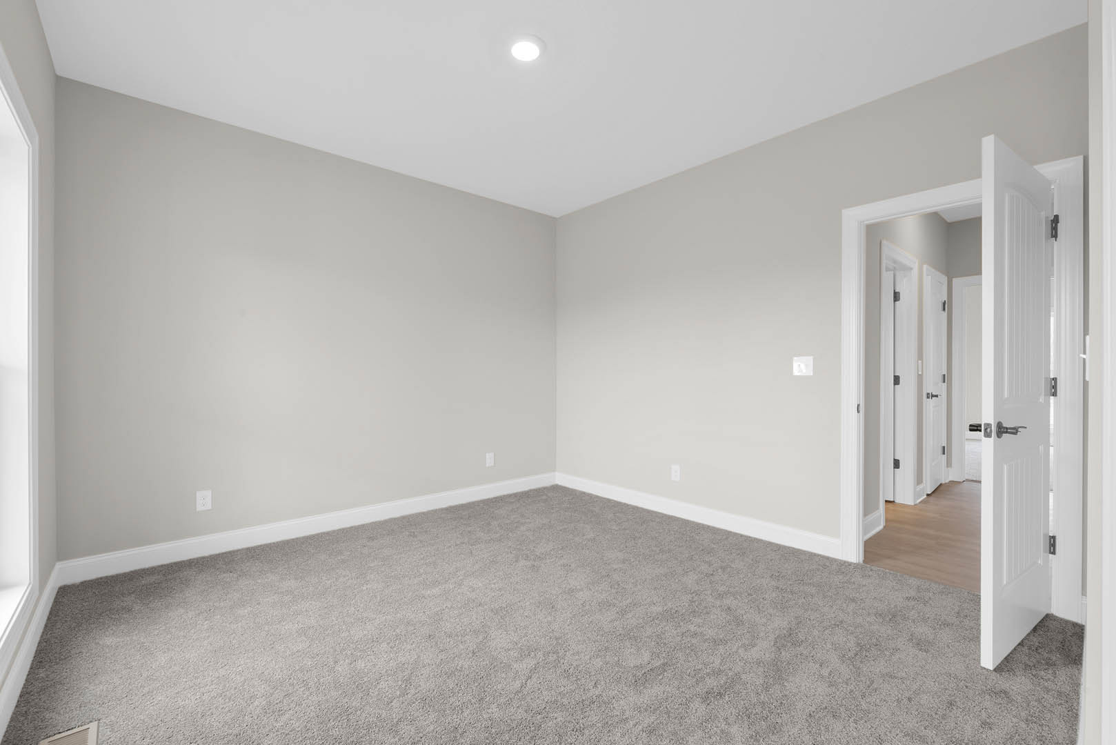 White-painted room with open wood door, ceiling light fixture, carpeted floor, and smooth plaster walls