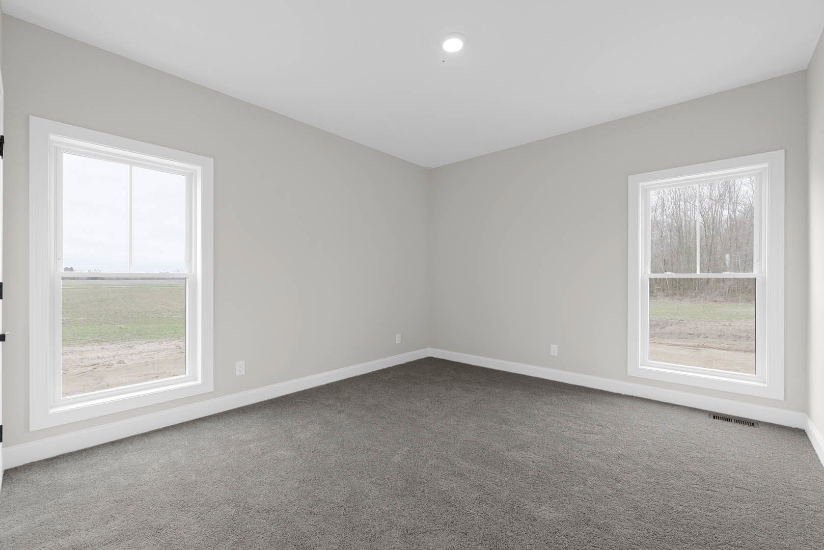 Bright room with multiple windows overlooking a grassy field and trees, grey carpet flooring, white plaster walls, recessed ceiling light fixture