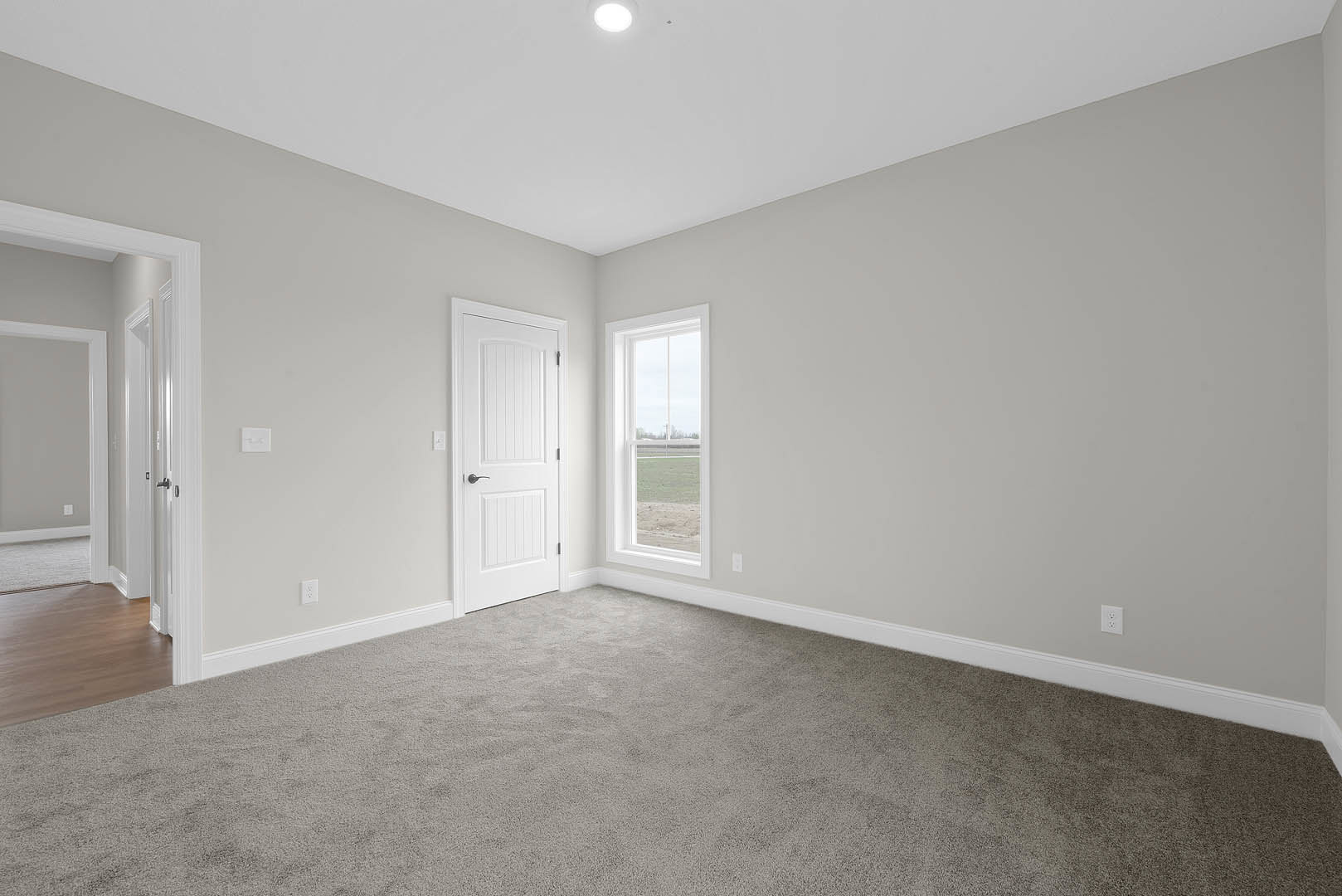Carpeted room with white walls, white door featuring a black handle, window overlooking green grass, brown wood floor with white trim