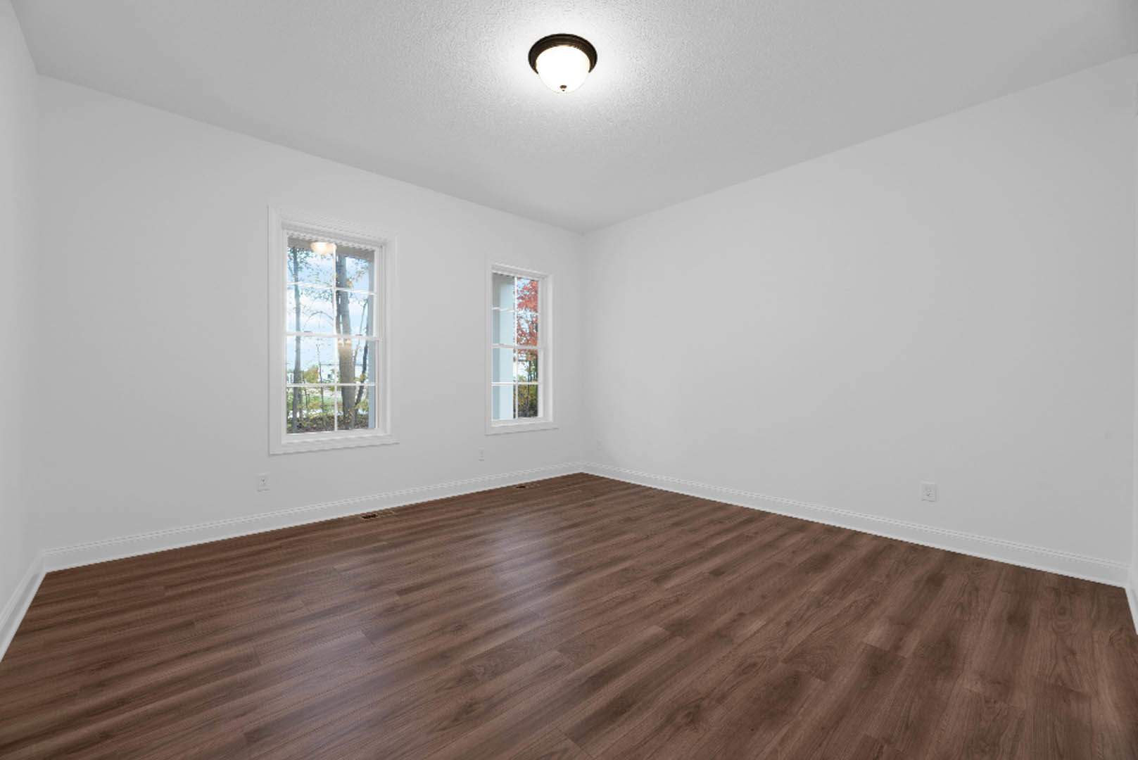 Hardwood floor in a bright room with white-framed windows overlooking trees, plaster walls, and a ceiling light fixture