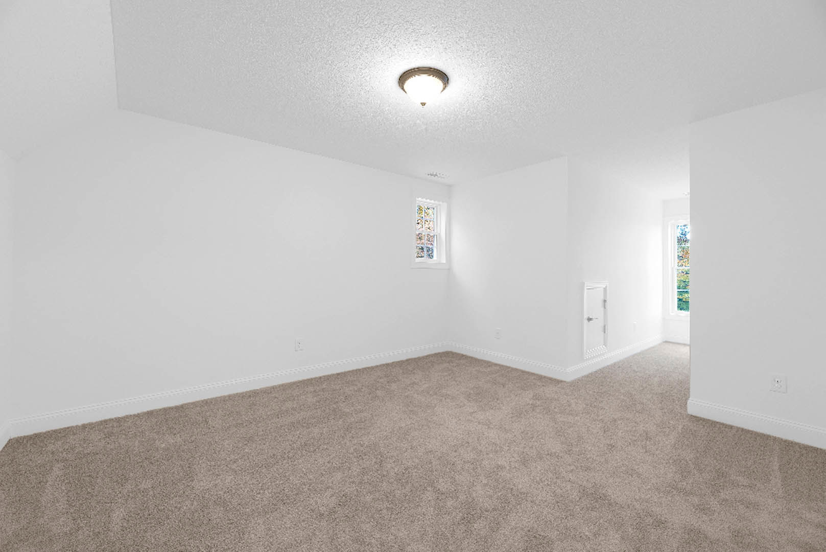 Carpeted room with white walls, white-framed window, ceiling light fixture, and white door with silver handle