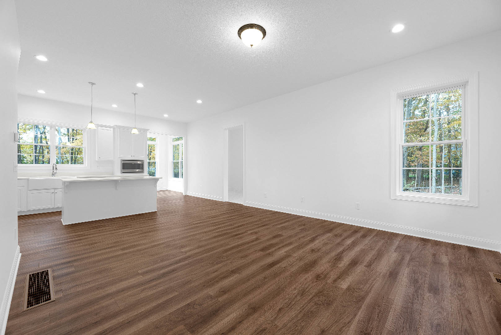 Wood flooring and white walls in a bright room, large window overlooking trees, ceiling light fixture, close-up of microwave and vent