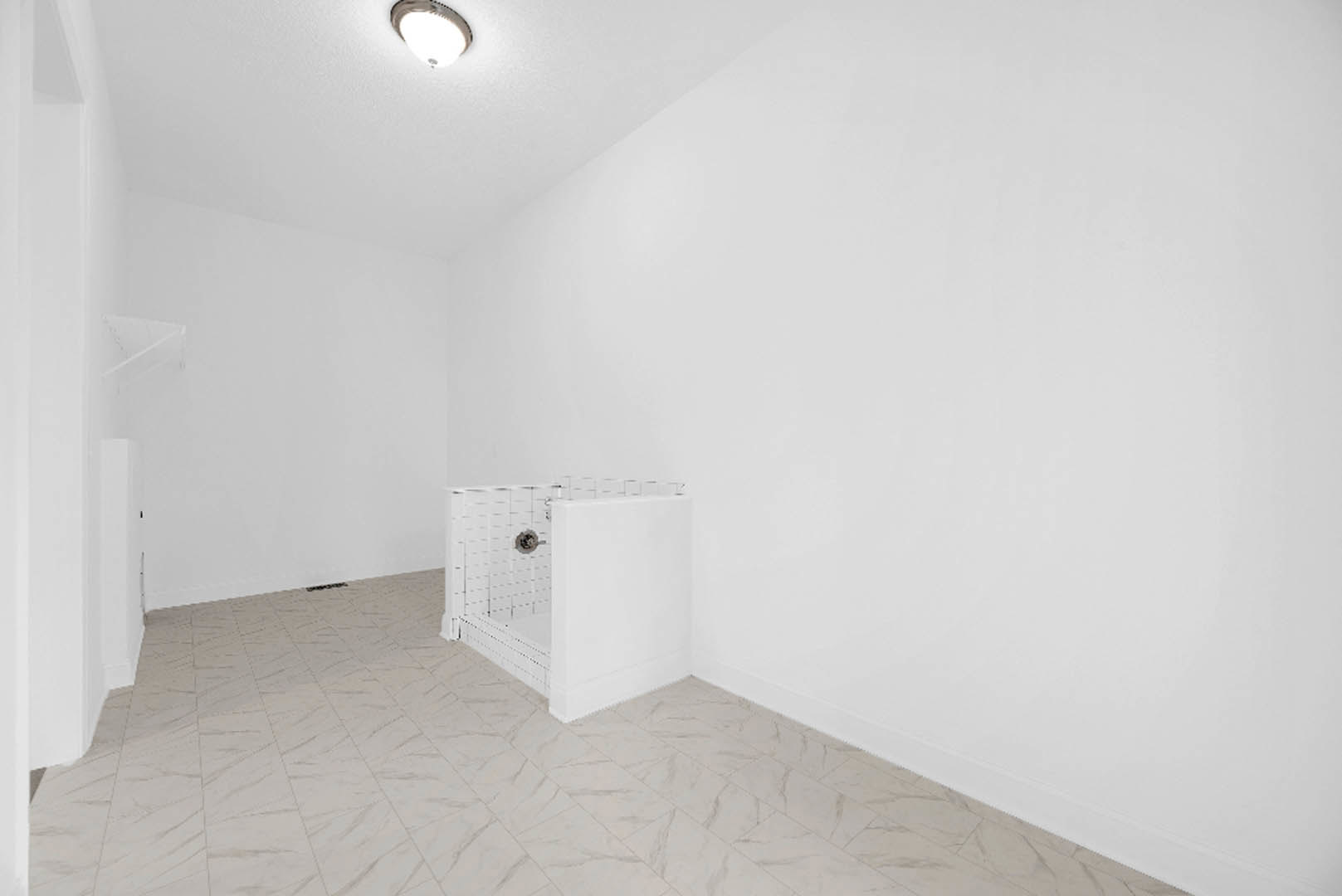 Bathroom with white tile floor, plaster walls, ceiling-mounted light fixture, glass shower stall, and built-in dog kennel.