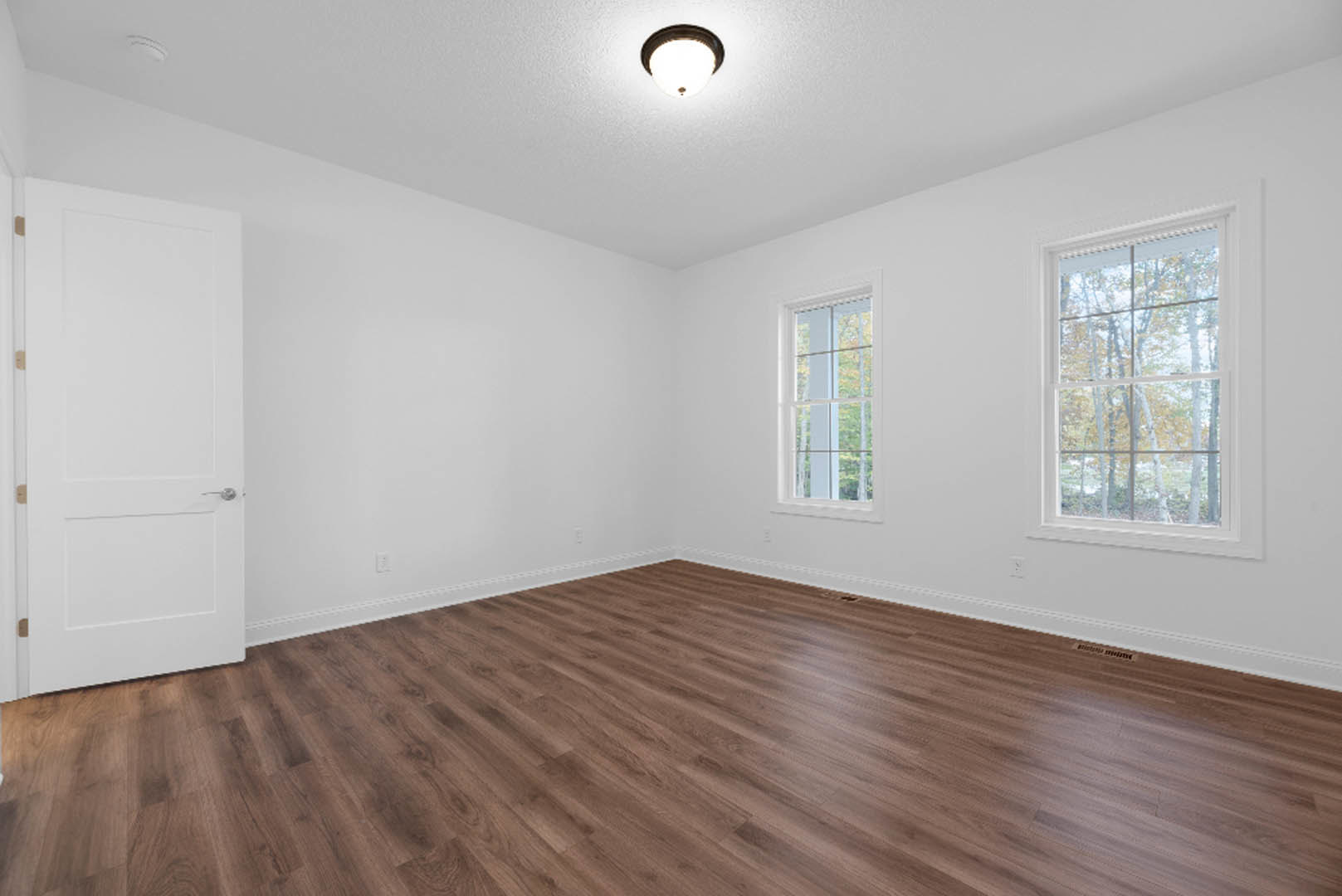 Wood flooring in a room with white plaster walls, a white door with a silver handle, ceiling light fixture, and a window overlooking trees.