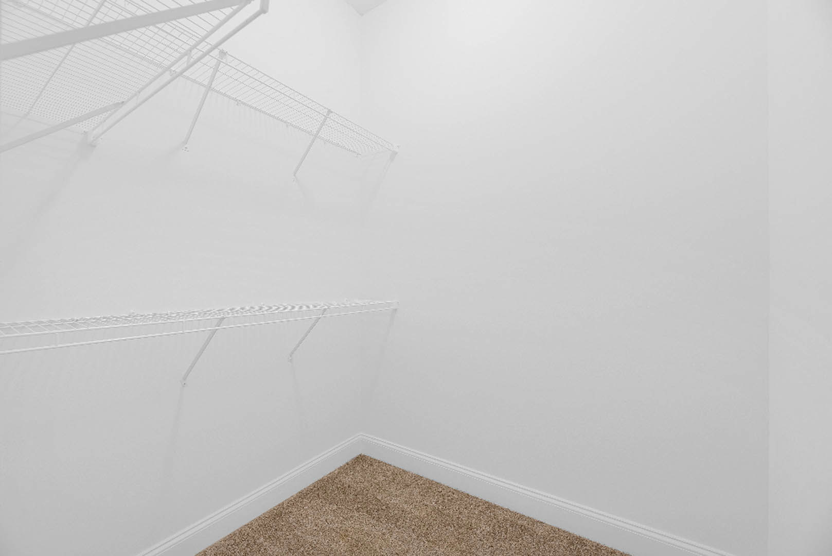 Carpeted room with built-in wall shelves and a white metal structure featuring vertical bars
