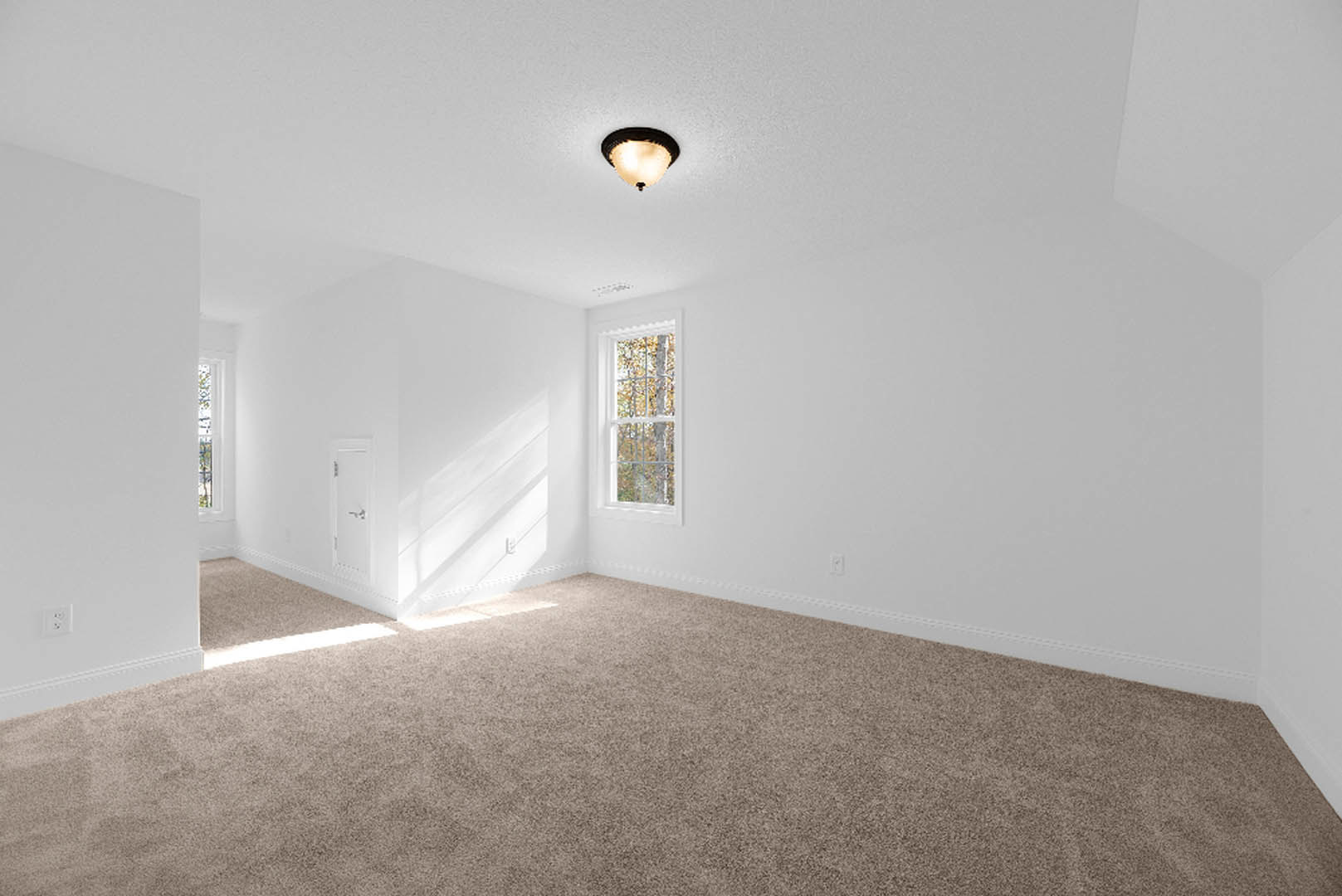 Carpeted bedroom with soft natural light, white-framed window, white door with metal handle, pale walls, and crown molding