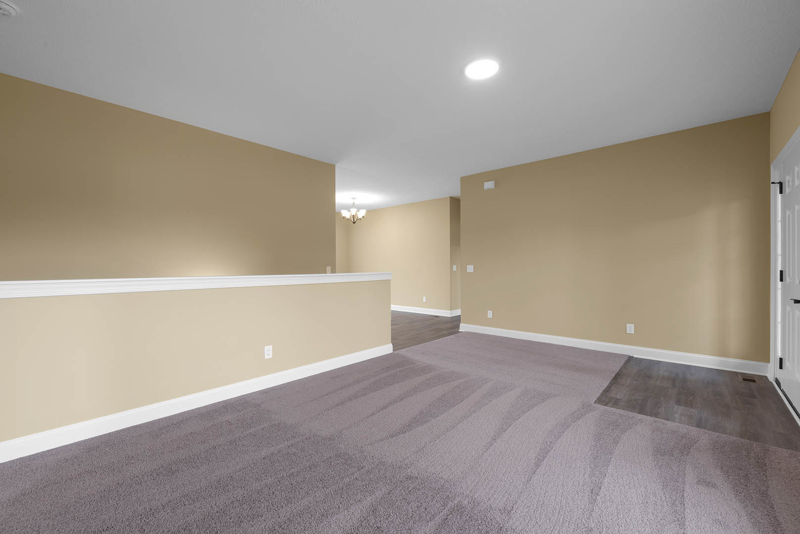 Beige walls and carpeted floor in a residential room, white door with black hardware, ceiling light fixture, baseboard molding, and partial view of hardwood flooring adjacent to