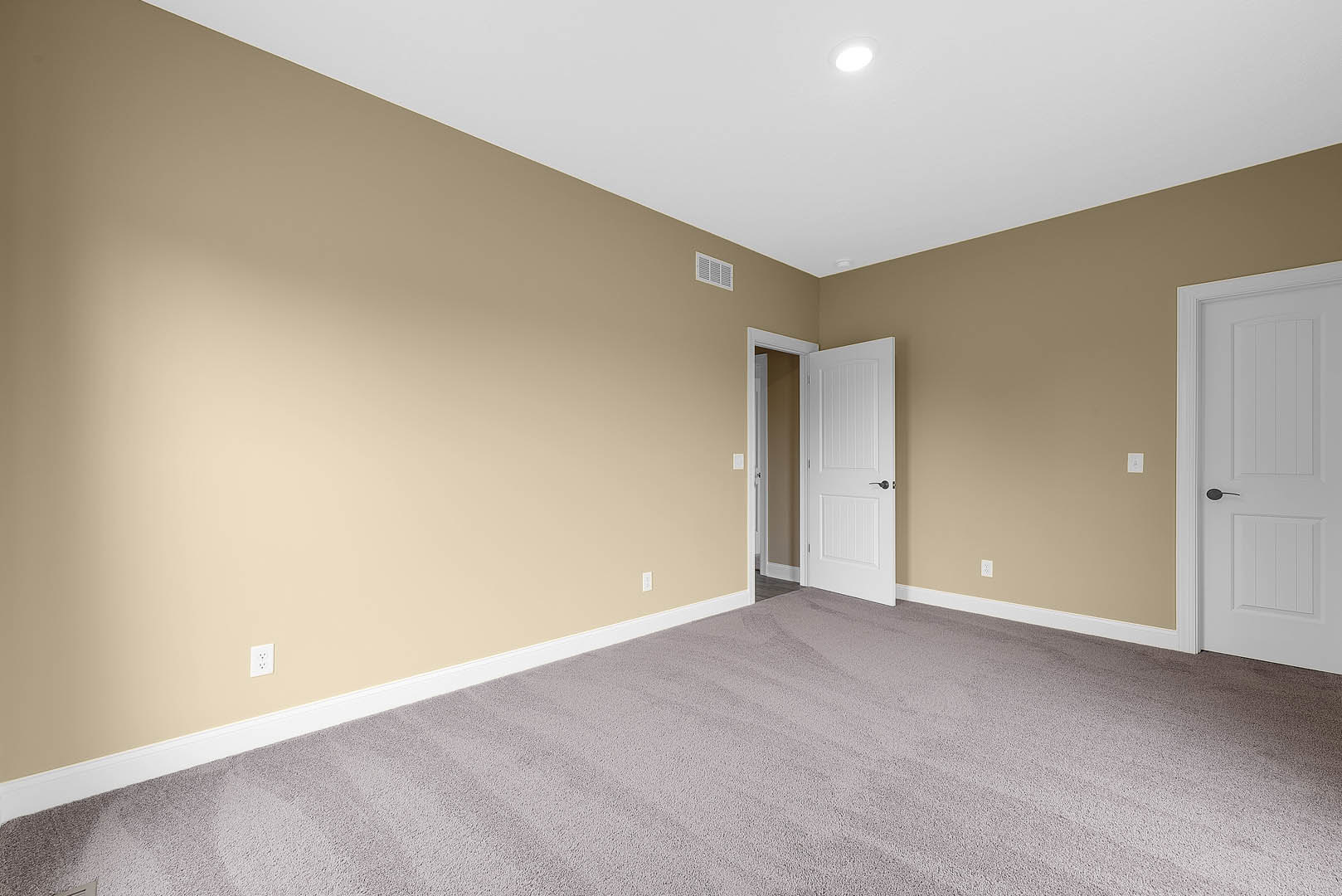 Beige-walled room with white door featuring black handle, carpeted floor, ceiling light, and white baseboard molding