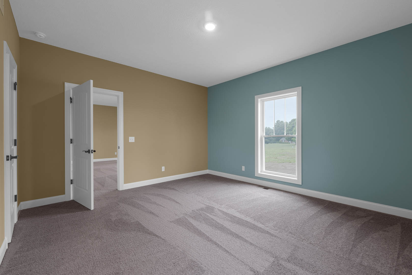 Carpeted room with white walls, open white door featuring black handle, ceiling light fixture, window overlooking grassy field, white baseboards and molding