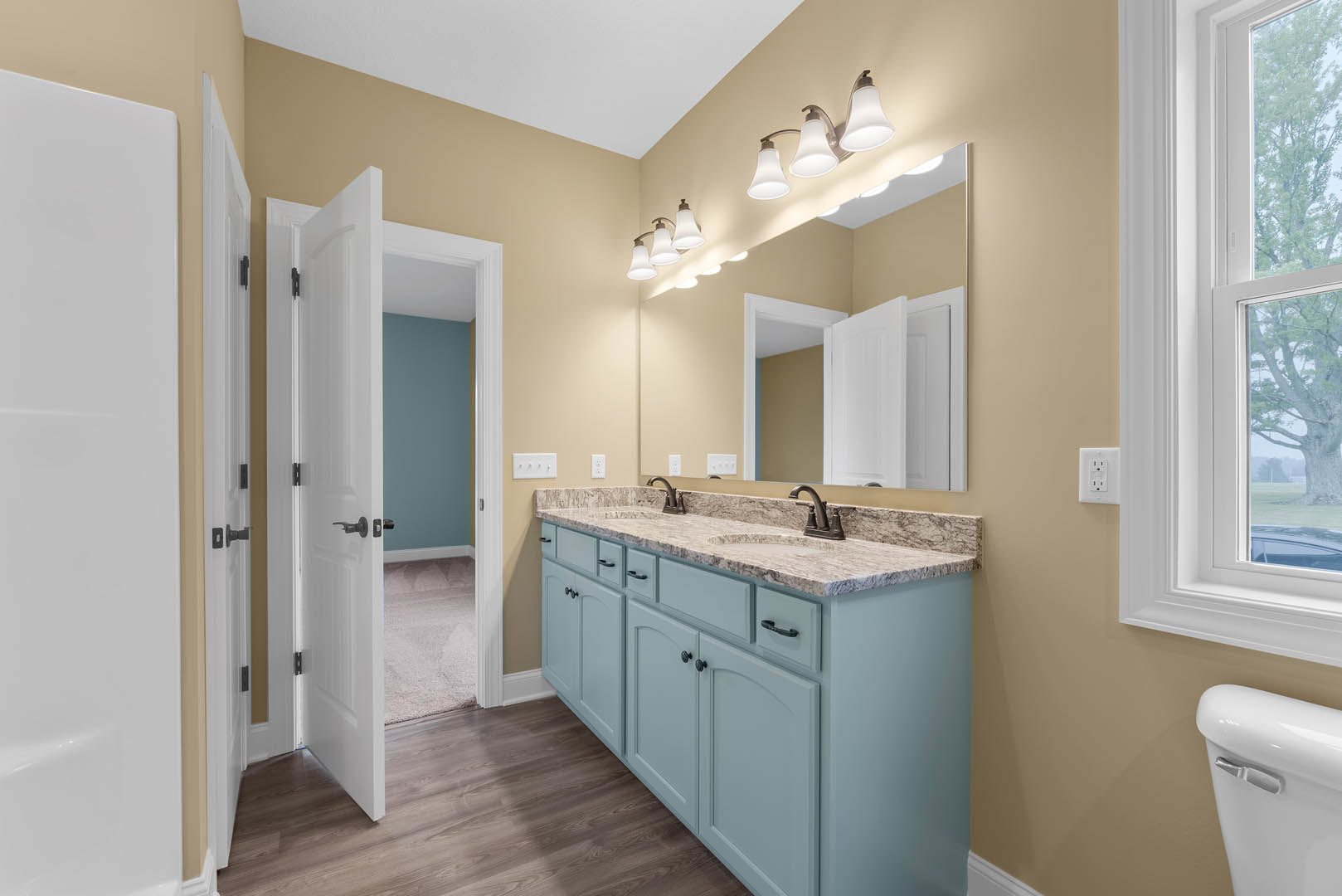 Bathroom featuring blue vanity with marble countertop, rectangular mirror above sink, three-light fixture, white outlet with black holes, close-up of chrome toilet handle, and