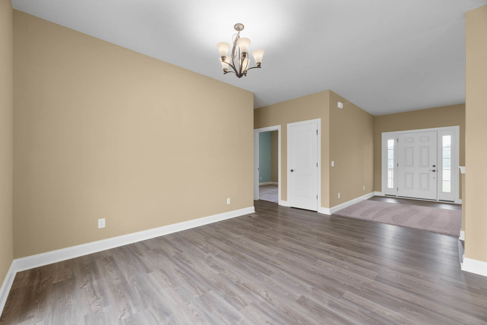 Chandelier hanging above hardwood floor, white door with glass panes and black handle, neutral walls, patterned rug partially visible