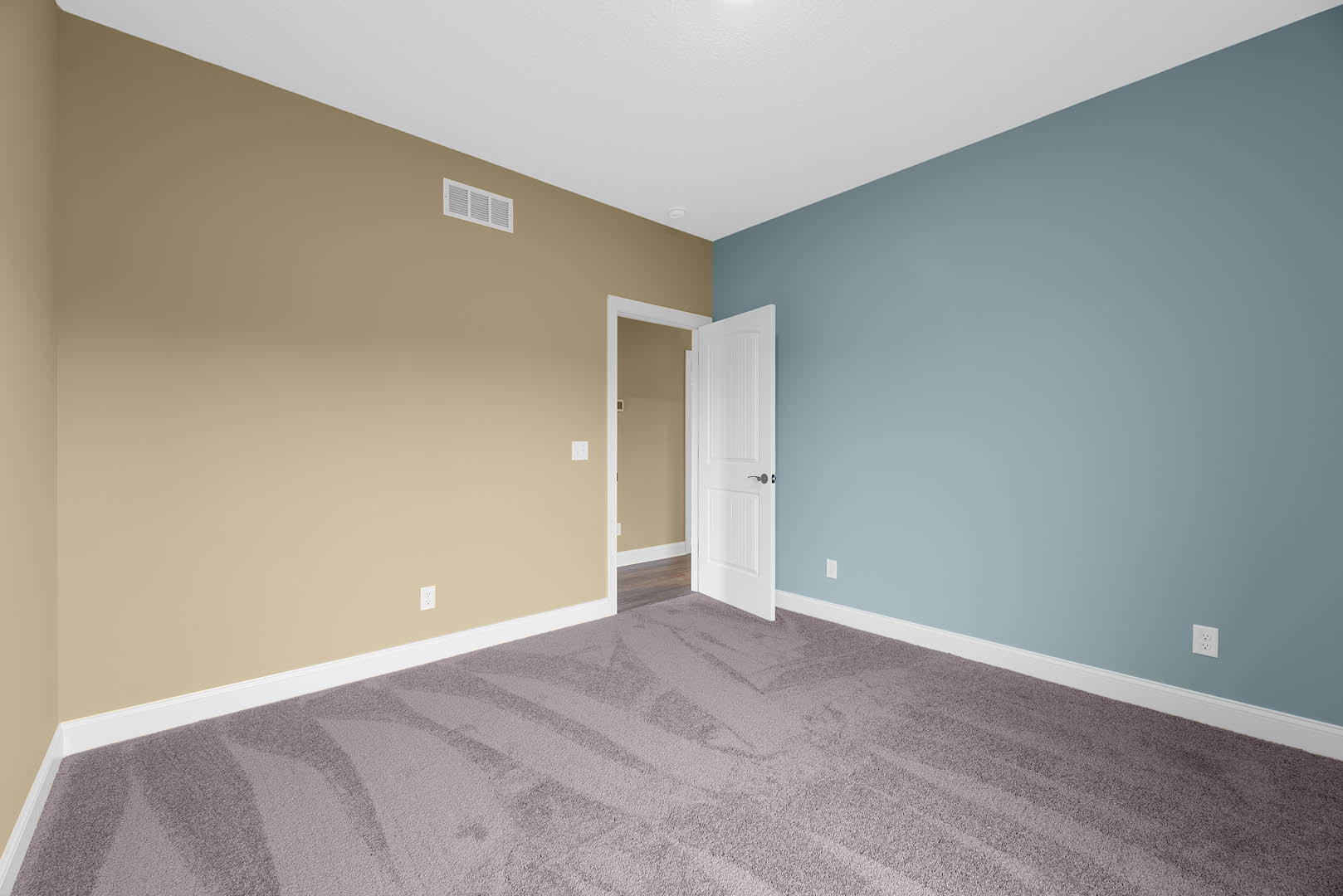 White paneled door with silver handle open to carpeted room, white door frame and baseboard molding, wall vent visible on pale plaster wall