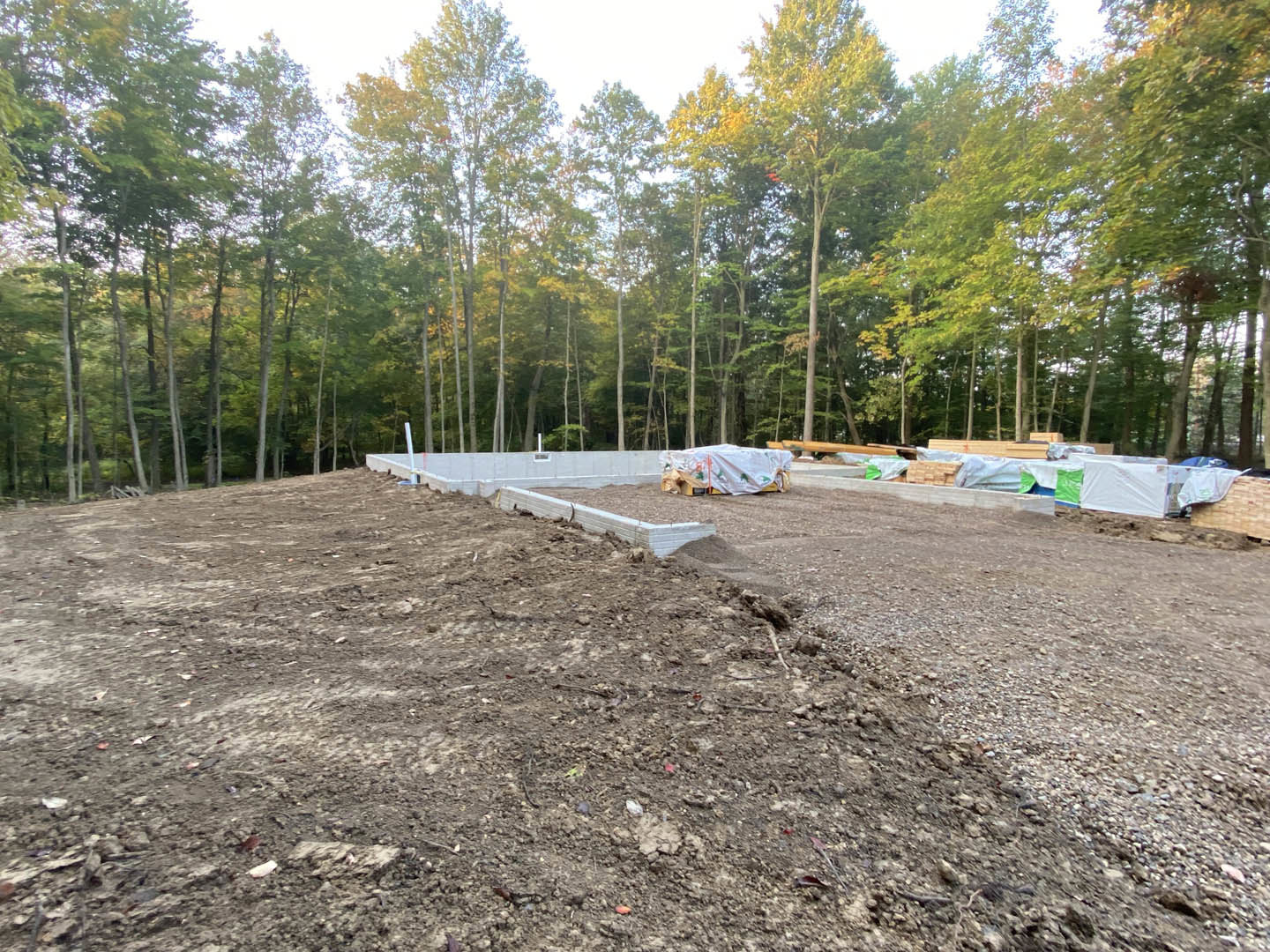 Dirt field bordered by trees, white tarp with green and red designs spread across soil, construction site in early stages