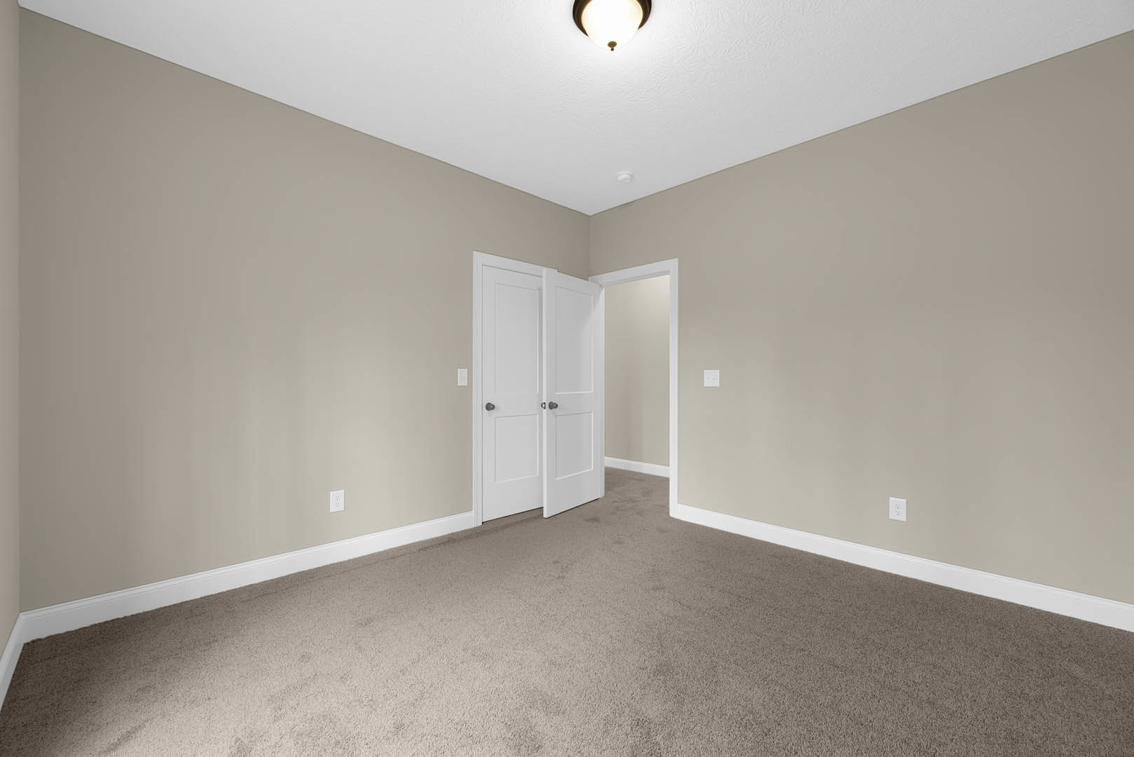 Carpeted room with white walls, two white doors—one with black knobs, one with a silver knob—and a ceiling-mounted light fixture