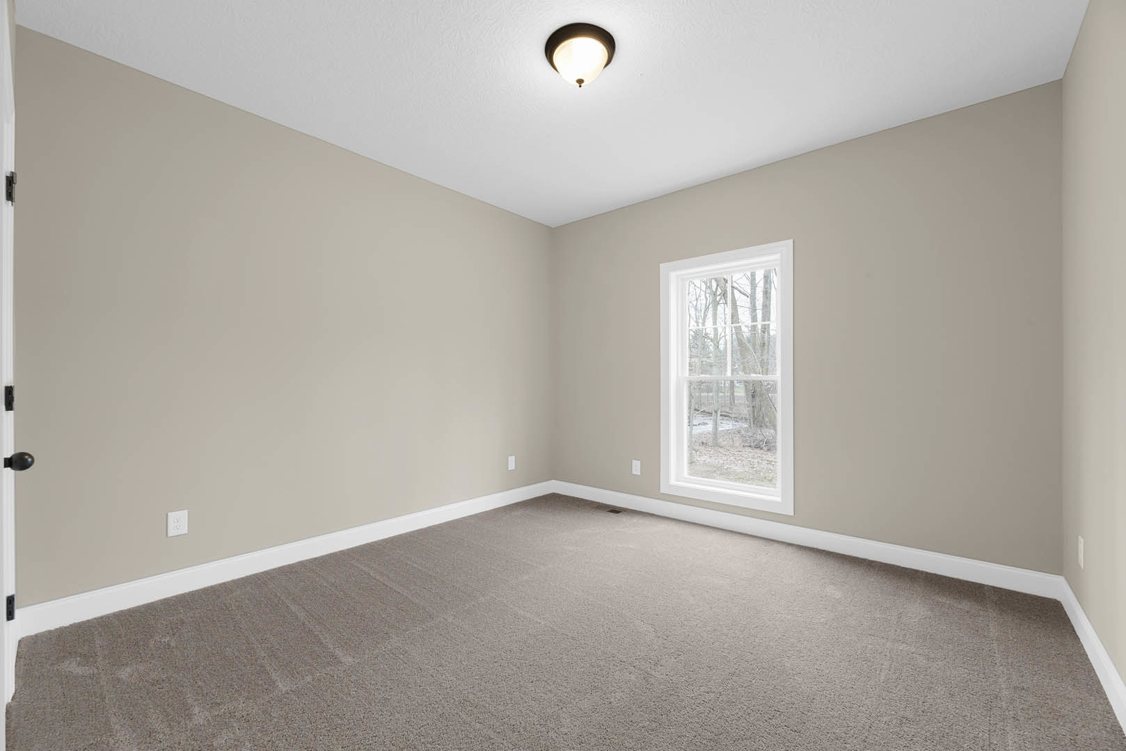 Carpeted bedroom with large window overlooking trees, white walls with crown molding, ceiling light fixture, and paneled door