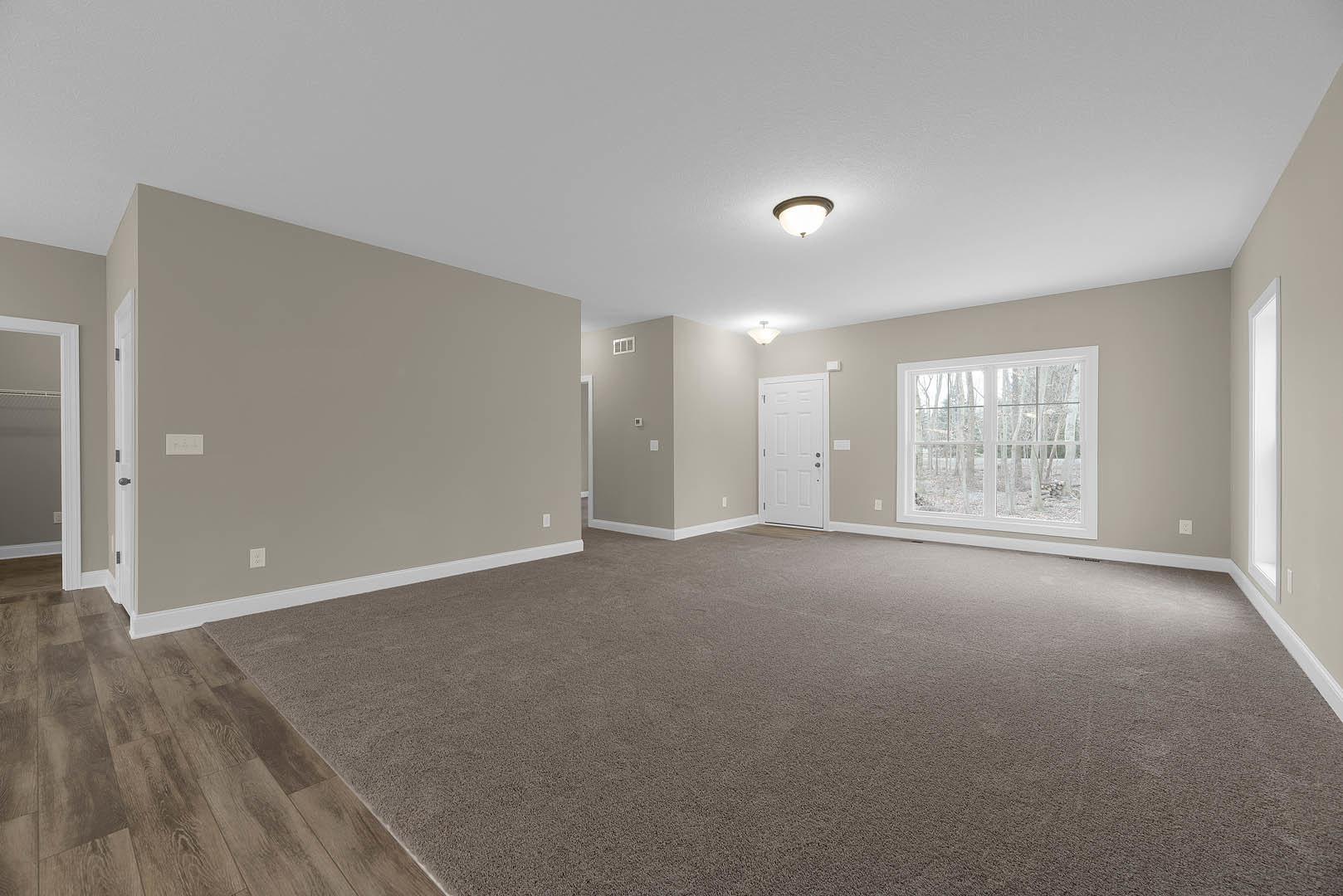 Carpeted room with white walls, large window showing trees outside, white door with silver doorknob, ceiling light fixture