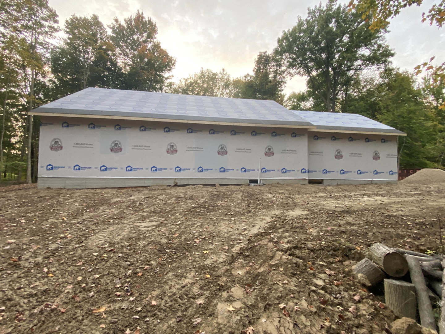 Modern house with white metal roof, white exterior walls, and a pile of cut logs on a dirt lot; grassy area and trees in the background.