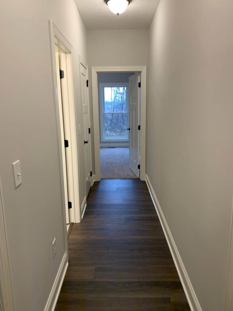 Hallway with white plaster walls, dark wood flooring, door with glass window, ceiling light fixture, window showing trees outside