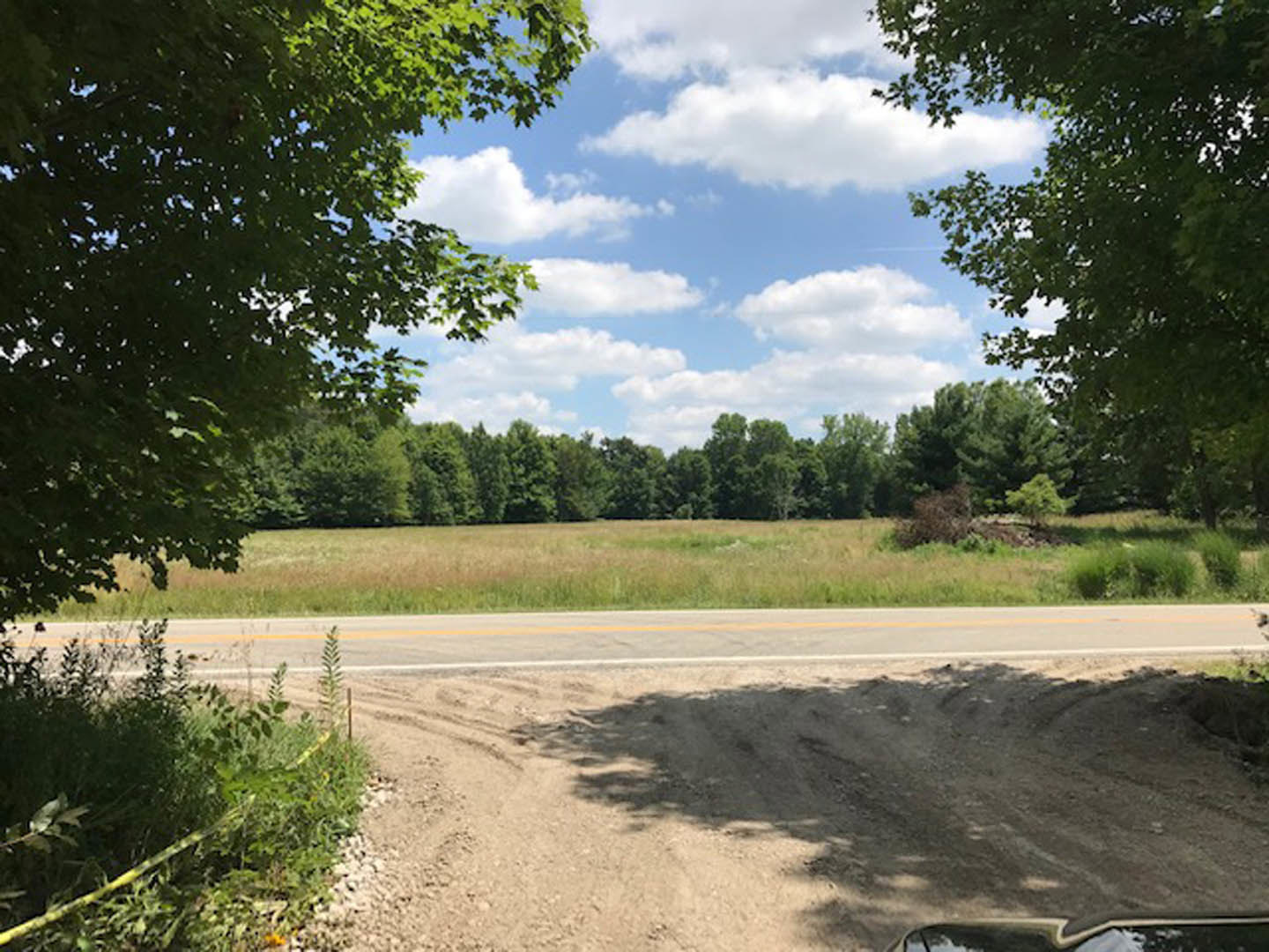 Paved road bordered by green grass and mature trees under a partly cloudy blue sky