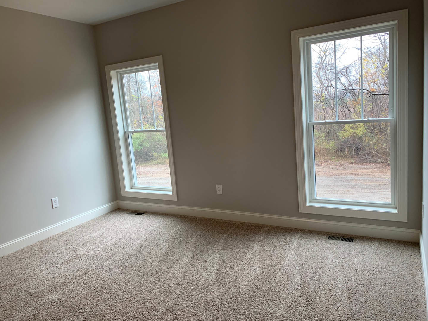 Carpeted room with two windows, white plaster walls, window blinds, and views of trees outside