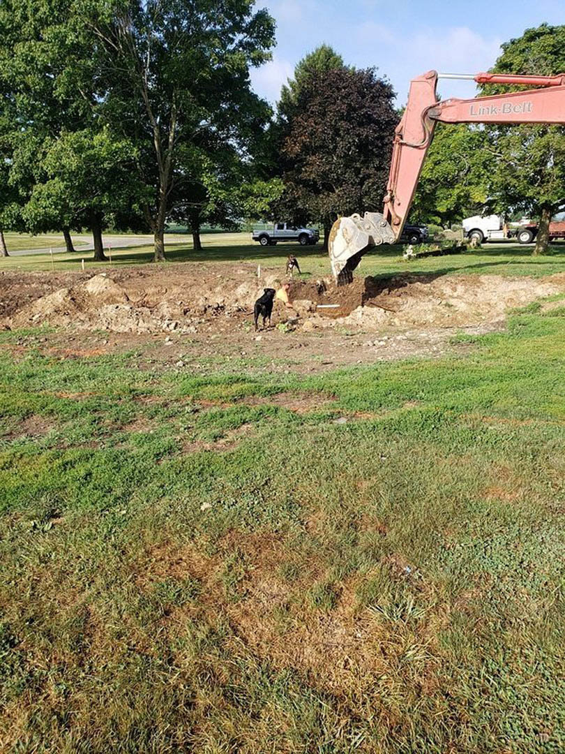 Modern custom home with light stone exterior, expansive lawn, mature trees, and blue sky in the background
