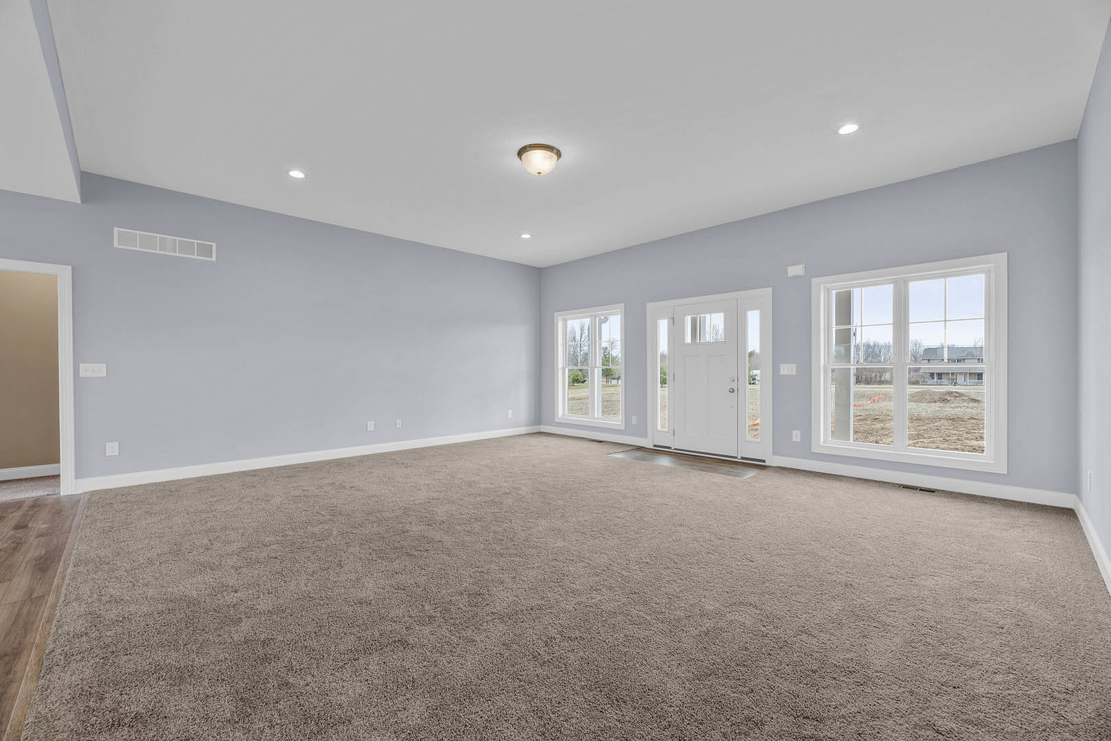 Neutral-toned carpeted room with white walls, multiple windows showing outdoor views of dirt and trees, ceiling-mounted light fixture, and a white door.