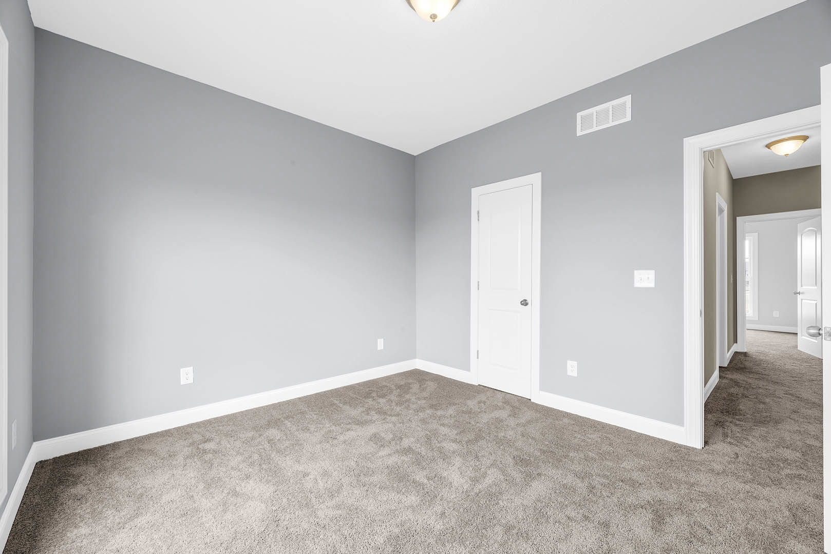 White paneled door with silver doorknob, beige carpet flooring, white walls, ceiling light fixture, and ceiling vent in a residential room