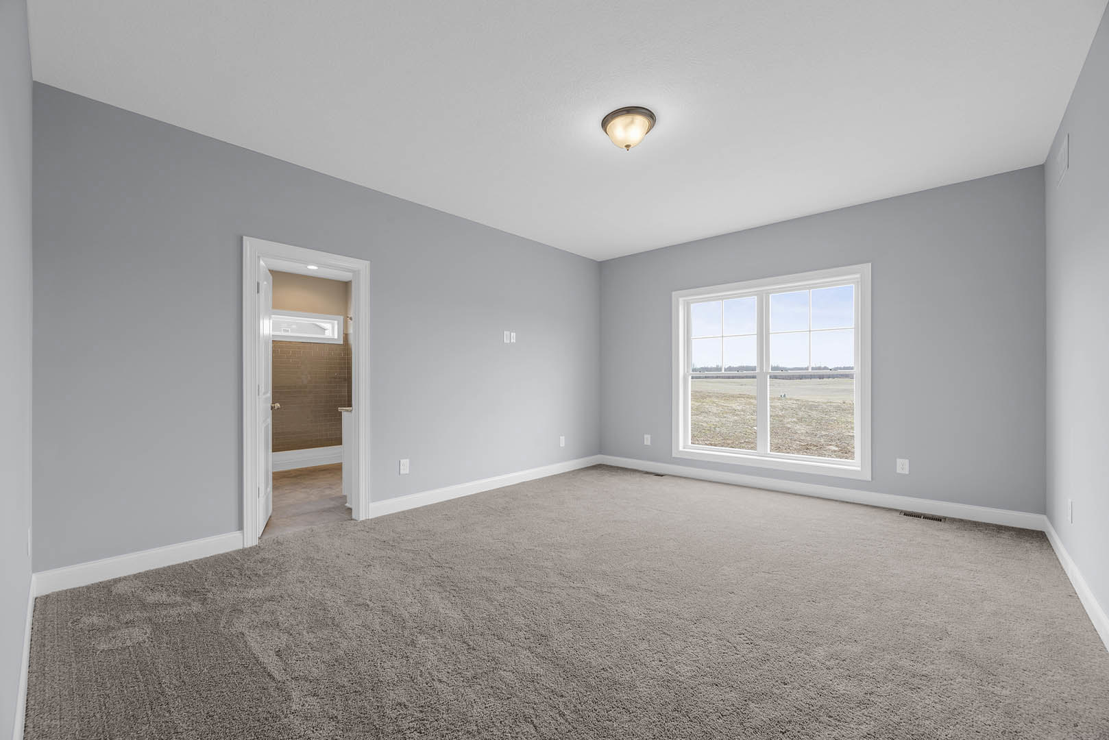 Bright room with white walls, large window overlooking green field, glass-paneled door, ceiling light fixture, beige carpet flooring, and decorative molding.