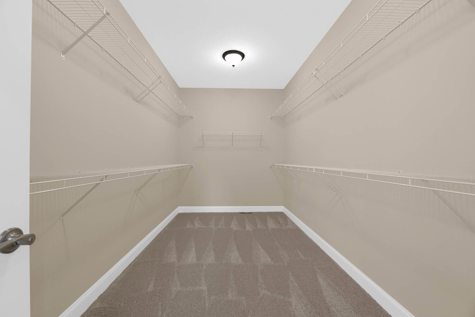 Walk-in closet with built-in white shelves, carpeted floor, white baseboards, ceiling-mounted light fixture, and a close-up of a brushed metal door handle