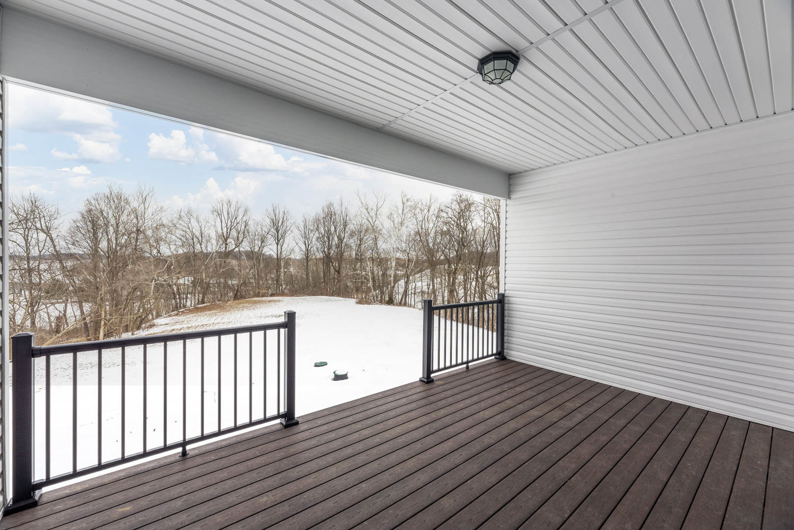 Wood deck with metal railing overlooking snowy landscape, white exterior wall, bare trees, and winter sky