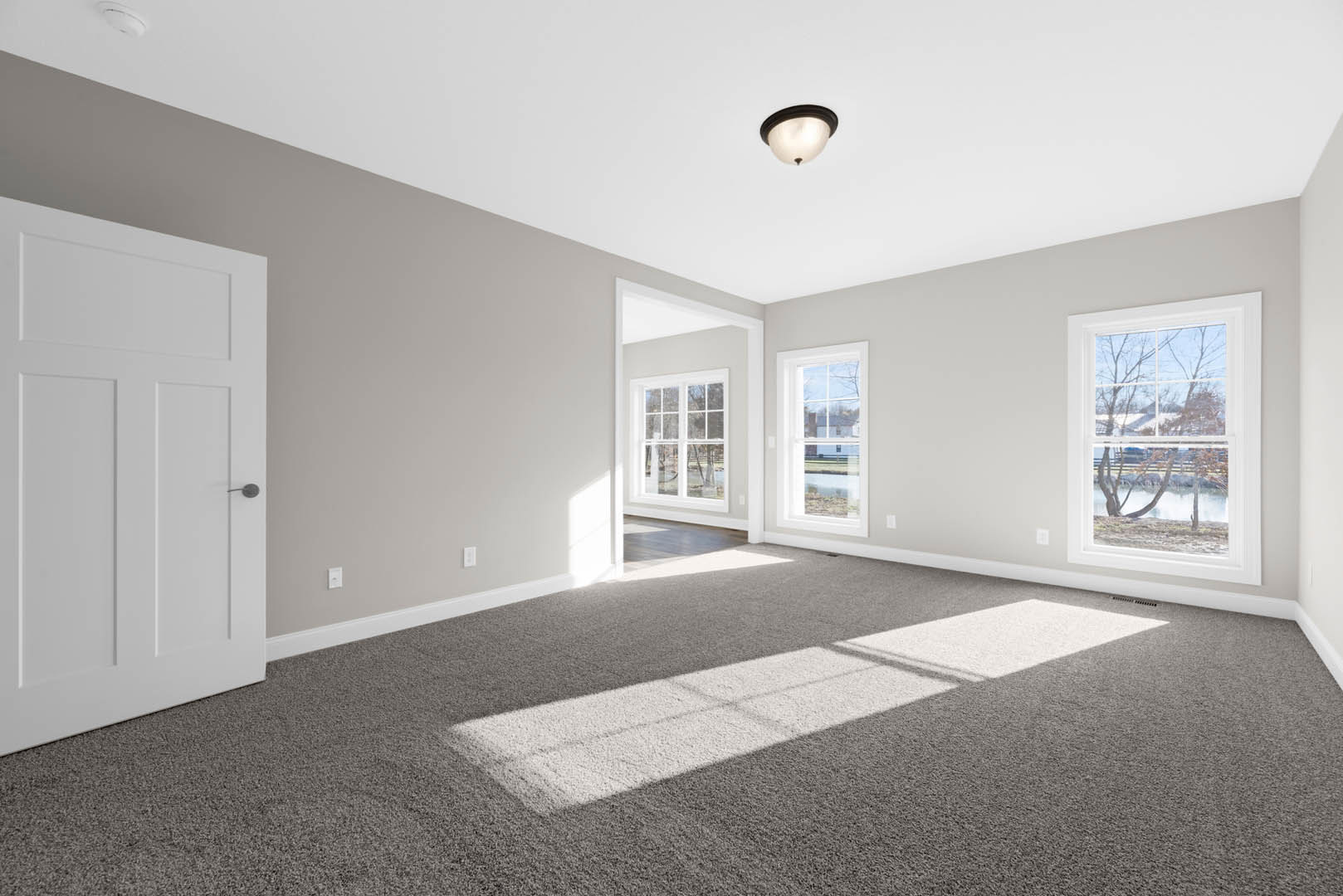 Carpeted room with white door featuring silver handle, large windows overlooking pond and trees, white walls with crown molding, ceiling light fixture, and laminate flooring