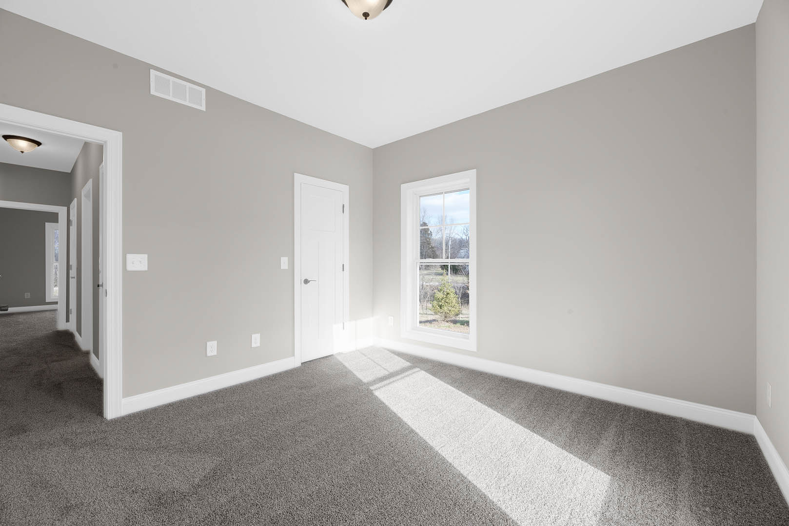 Carpeted room with white walls, white door featuring a silver handle, ceiling light fixture turned on, window overlooking a small tree, and simple baseboard molding