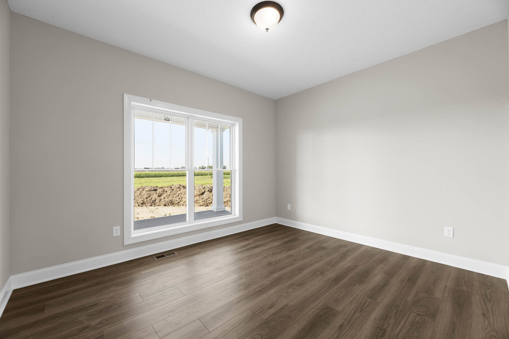 Sunlit room with wide window overlooking grassy field, hardwood flooring, white plaster walls, ceiling light fixture, and decorative molding