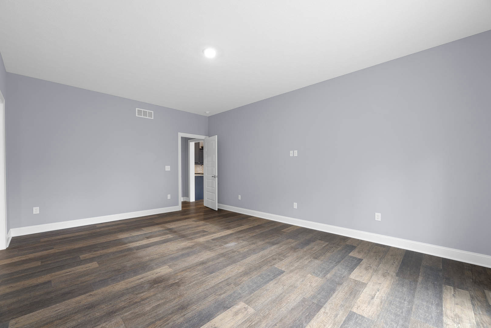 White paneled door with silver handle open onto wood laminate flooring, white walls, and ceiling light fixture in a bright residential interior.