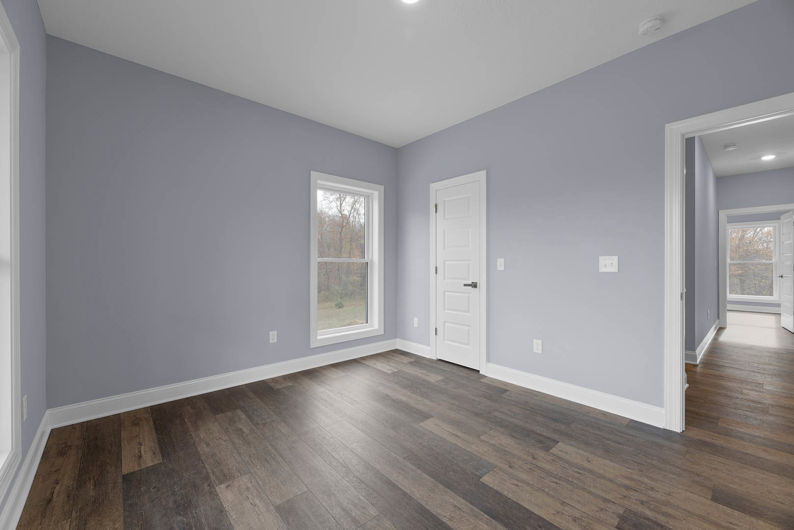 Wood flooring in a bright room with a white door featuring a silver handle and a window overlooking trees, white plaster walls, and minimal decor.