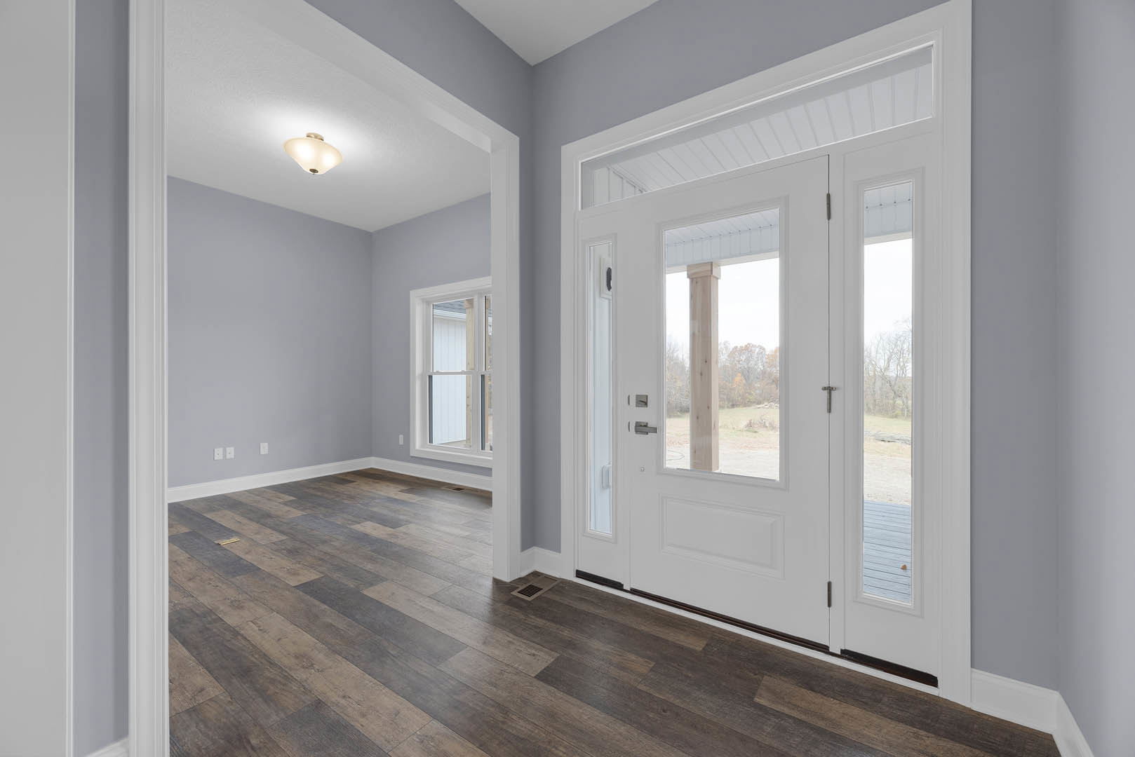 White paneled door with glass inserts, wood laminate flooring, white walls with crown molding, ceiling light fixture