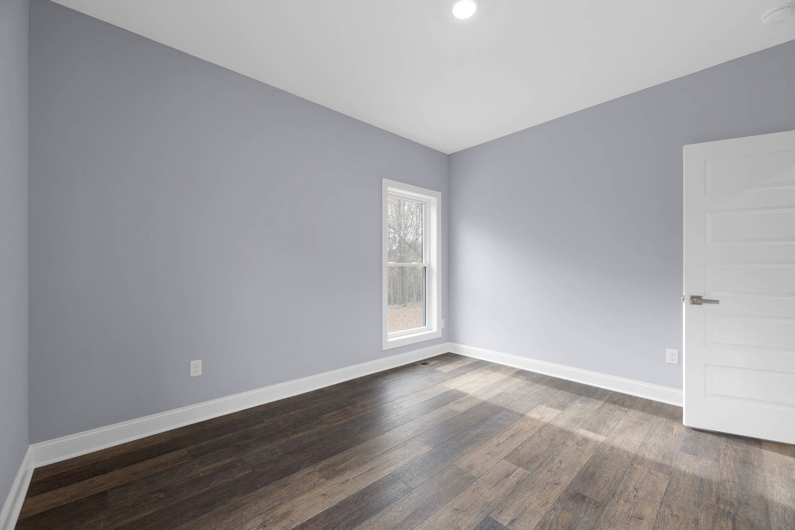 Sunlit room with large window overlooking trees, white door, smooth plaster walls, and polished hardwood flooring