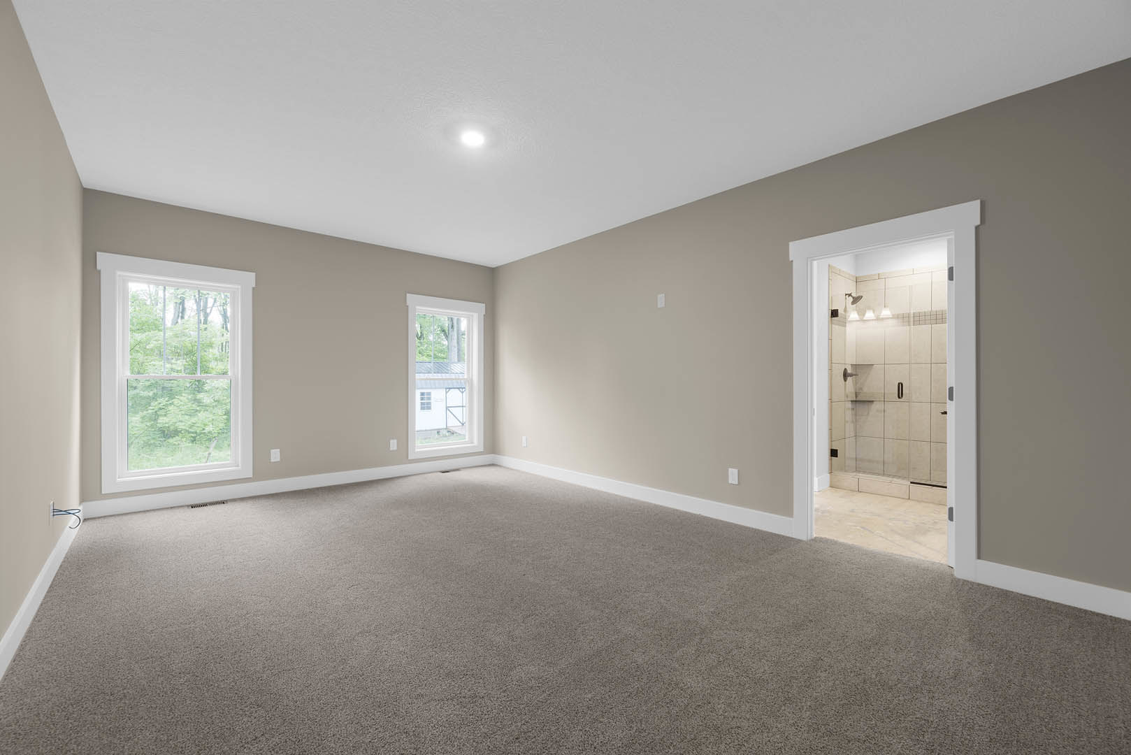 Glass-enclosed shower with chrome fixtures, large windows overlooking trees, laminate flooring, white plaster walls, open door leading to carpeted adjacent room