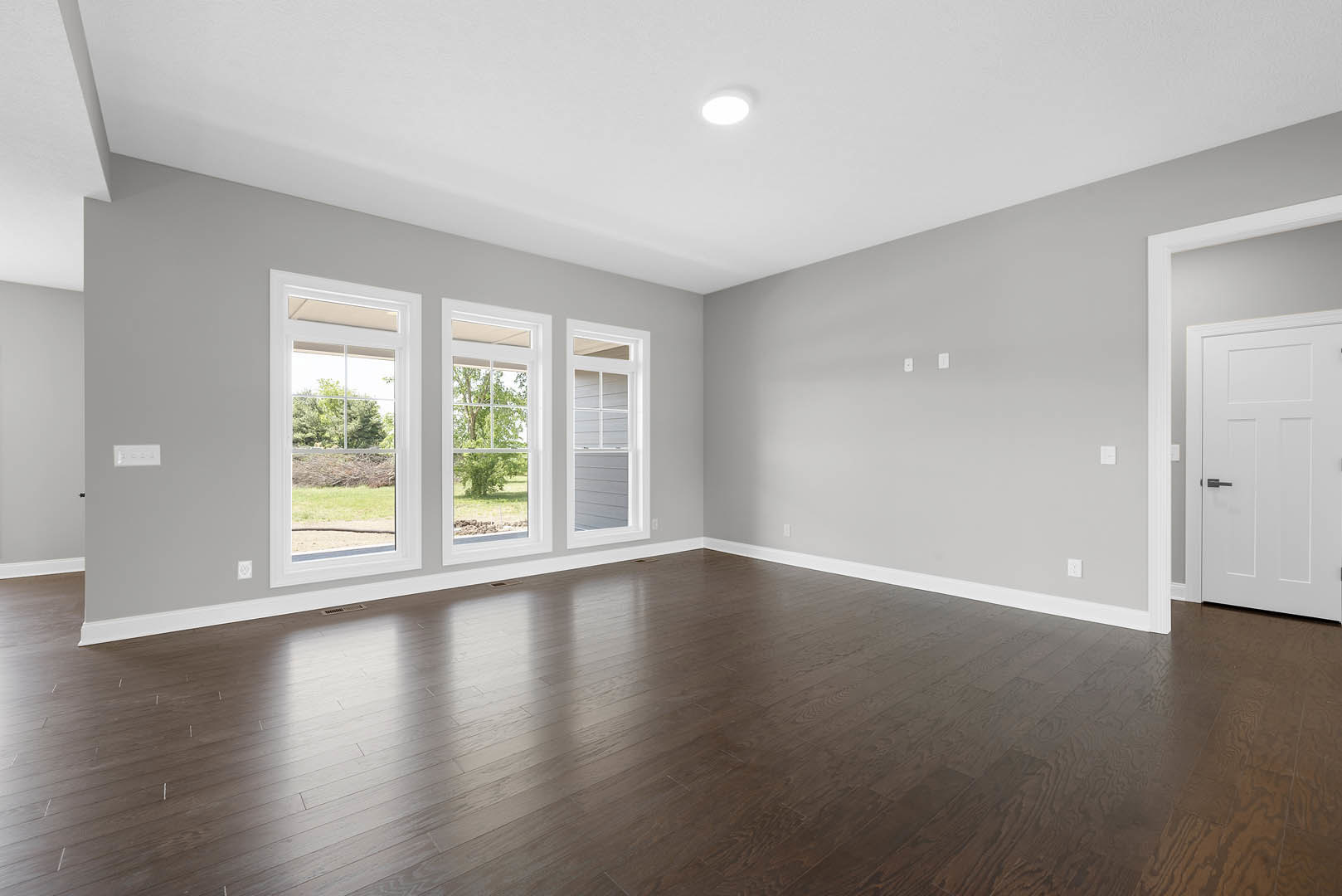 Dark hardwood floor in a room with white walls, white-framed windows showing trees outside, white door with black handle, and ceiling light fixture