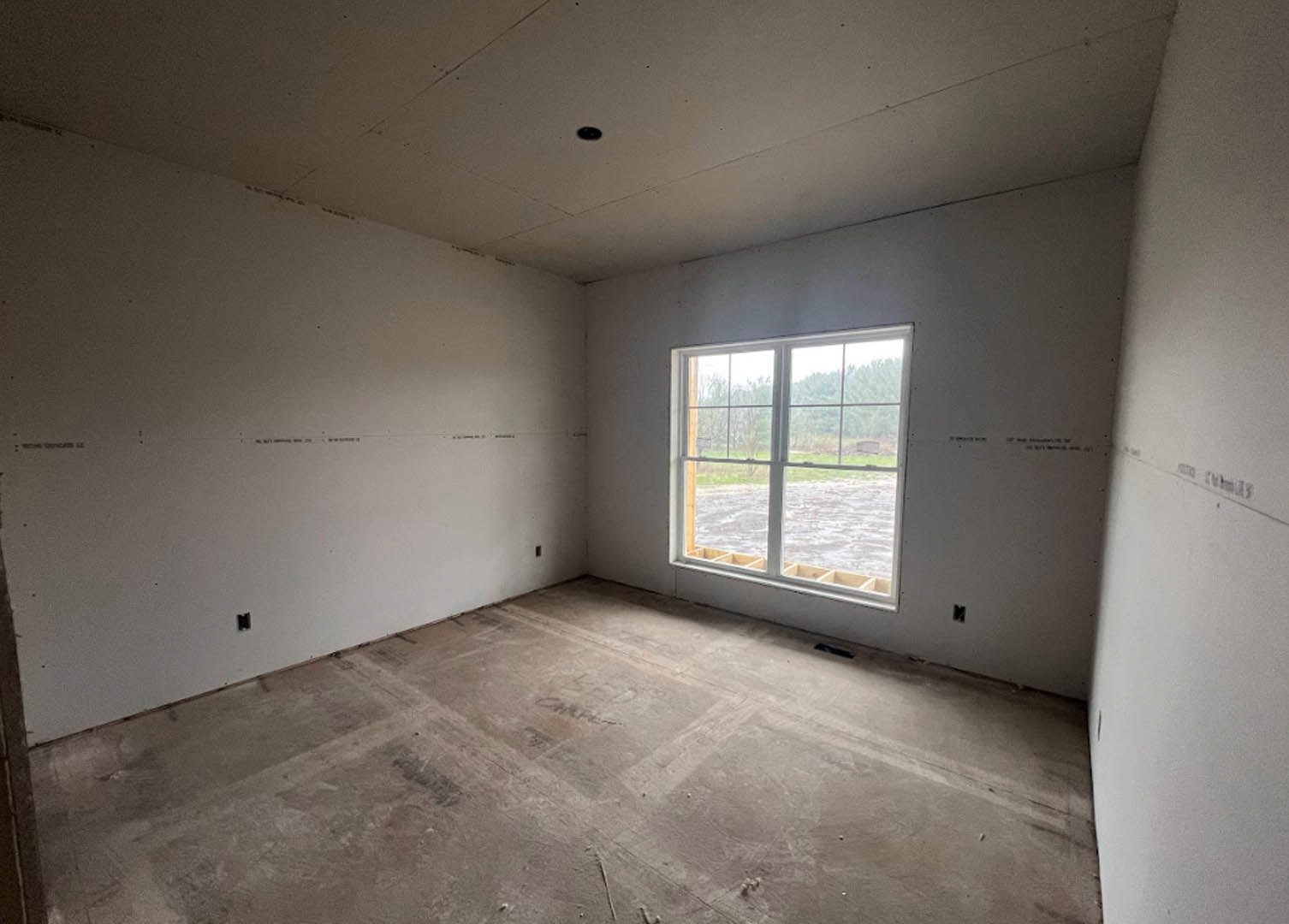 Sunlit room featuring multi-pane window overlooking a yard with trees, smooth concrete flooring, plaster walls, and ceiling with visible fixture spot.