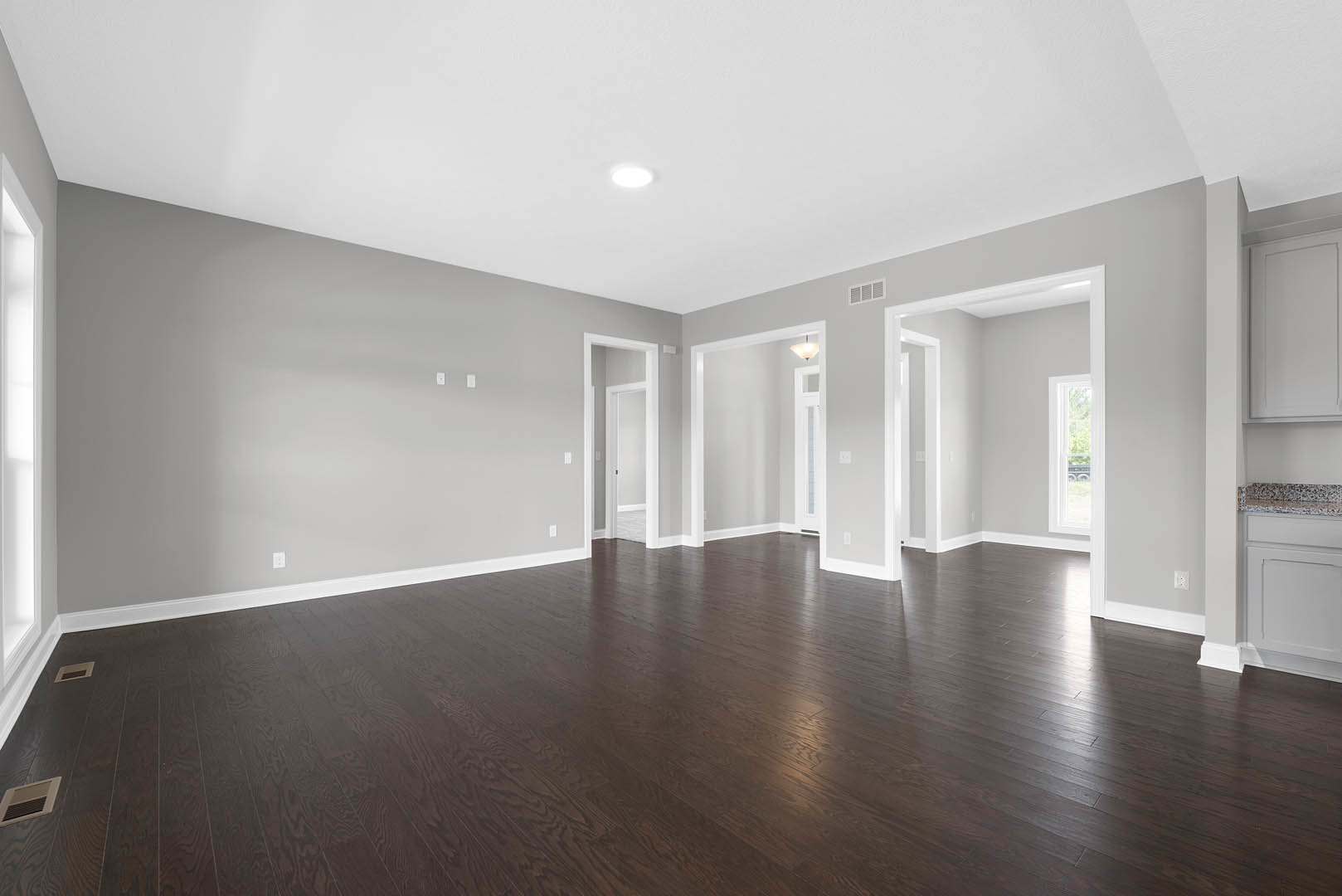 Dark wood flooring, white walls with black trim, ceiling light fixture, floor vent, white rectangular feature illuminated on wall