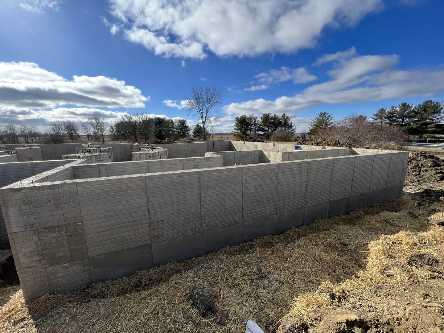 Concrete block walls arranged in a maze-like pattern, leafless tree nearby, blue sky with scattered clouds overhead, outdoor setting with rocks and ground visible