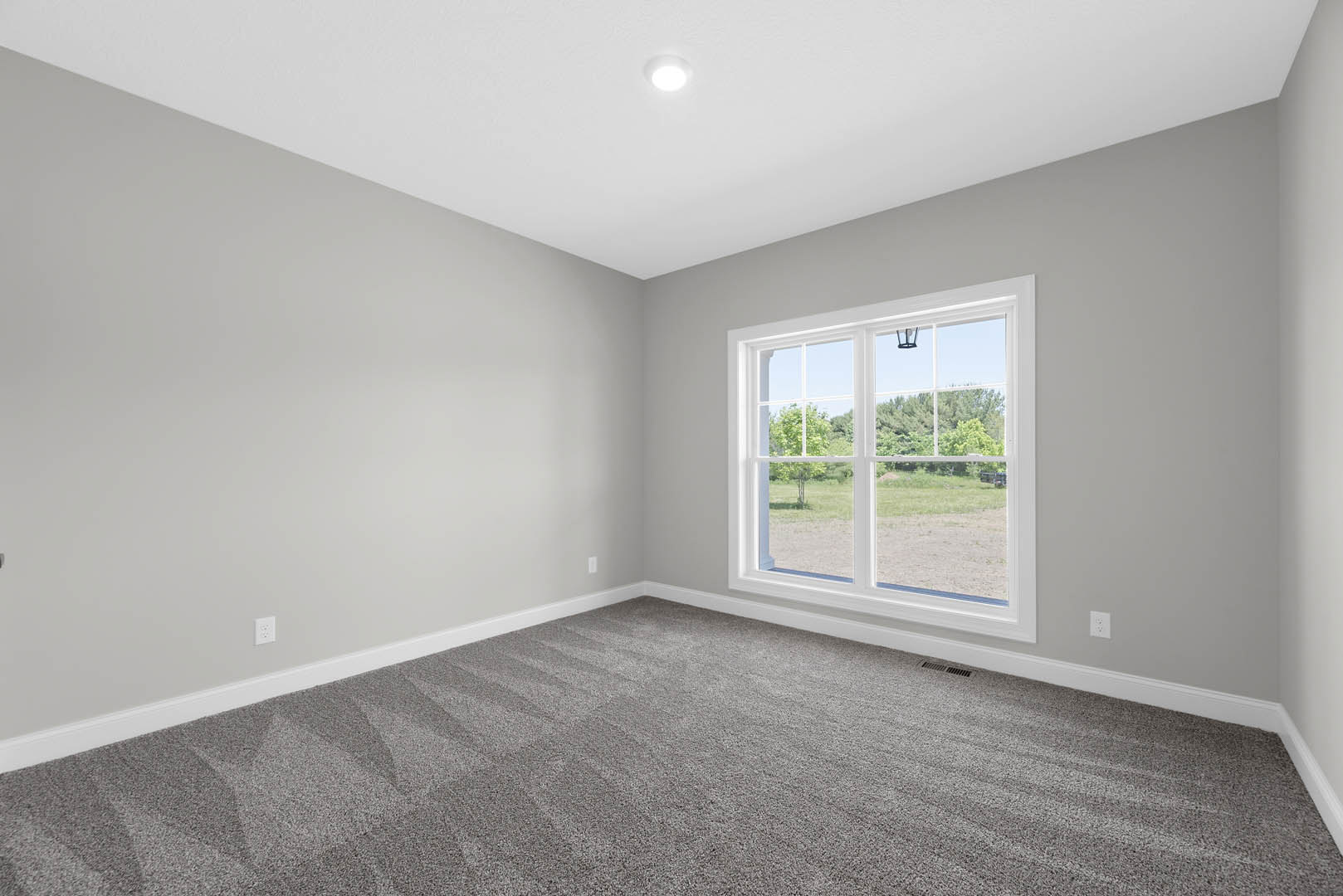 Carpeted room with white walls, ceiling light fixture, and large window overlooking a field and trees