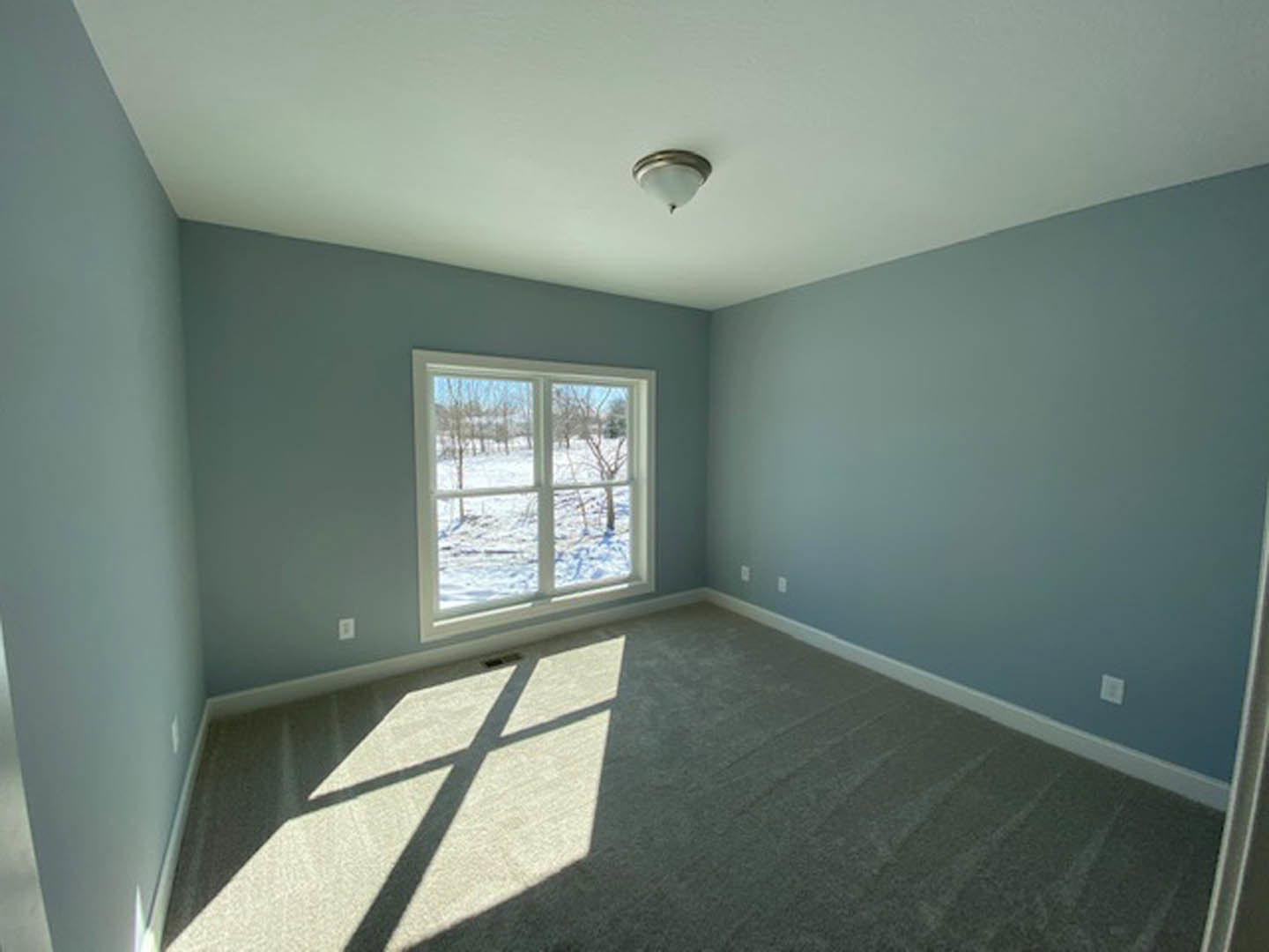 White carpeted room with large window overlooking snowy yard, ceiling light fixture, plaster walls, and natural daylight.