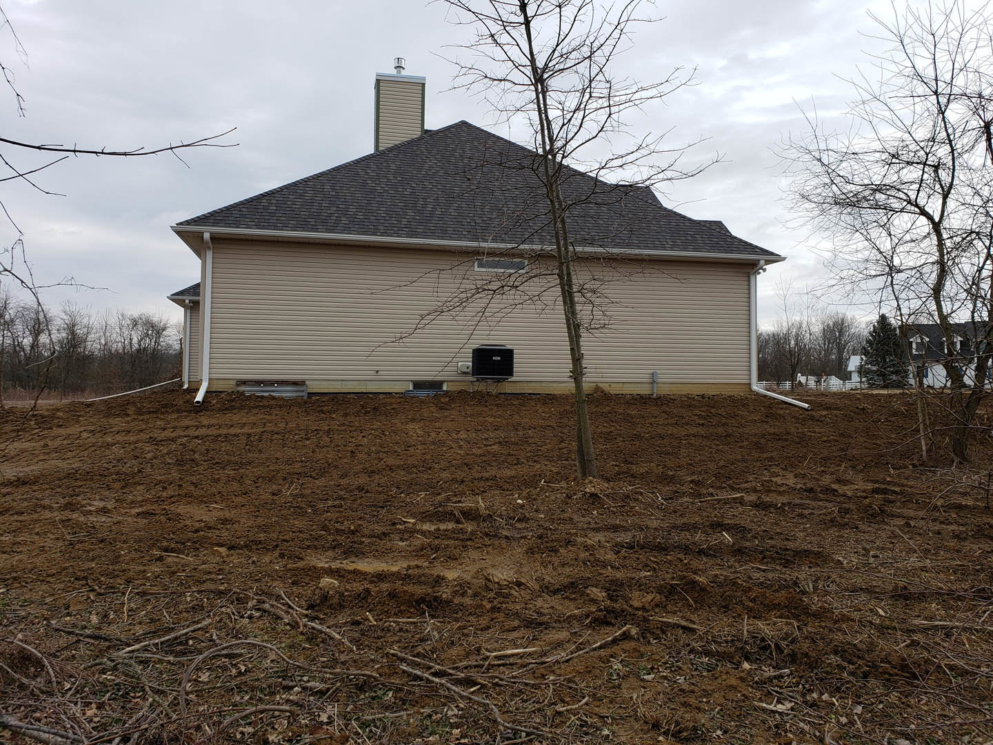 Modern cottage-style home with light siding, black square wall fixture, prominent chimney, grassy yard, and mature tree in the background under partly cloudy sky