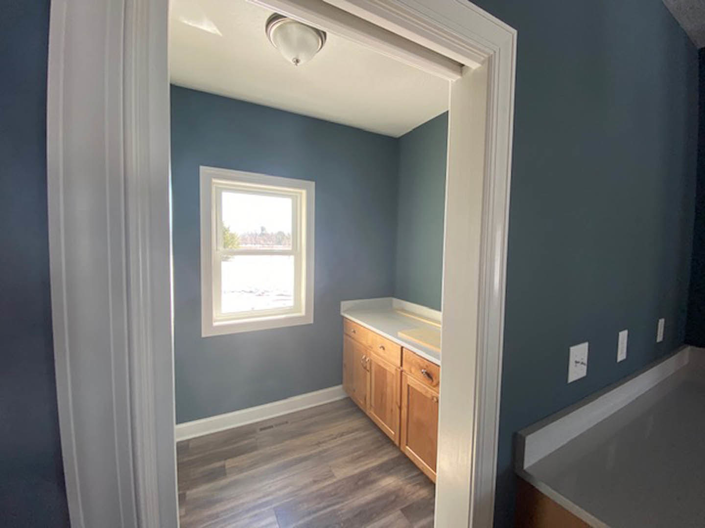 Bathroom with wood flooring, white baseboard, white countertop, sink, and window offering outdoor view