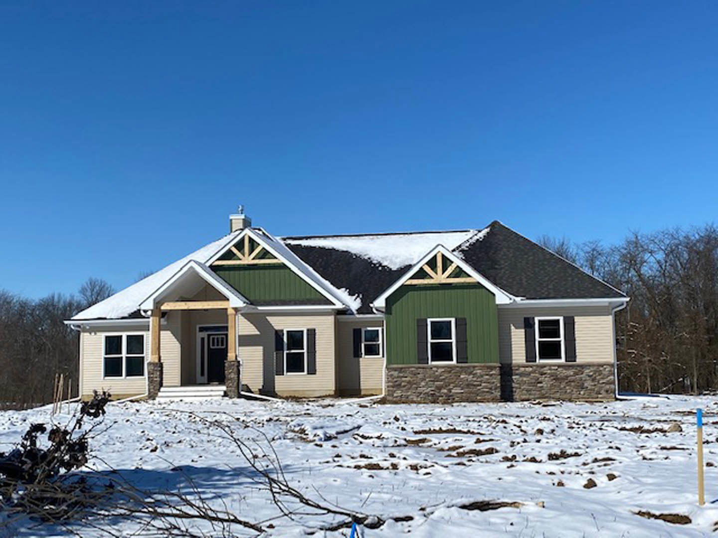 Two-story home with white-framed windows, snow covering the roof and ground, bare tree trunk in foreground, cloudy winter sky