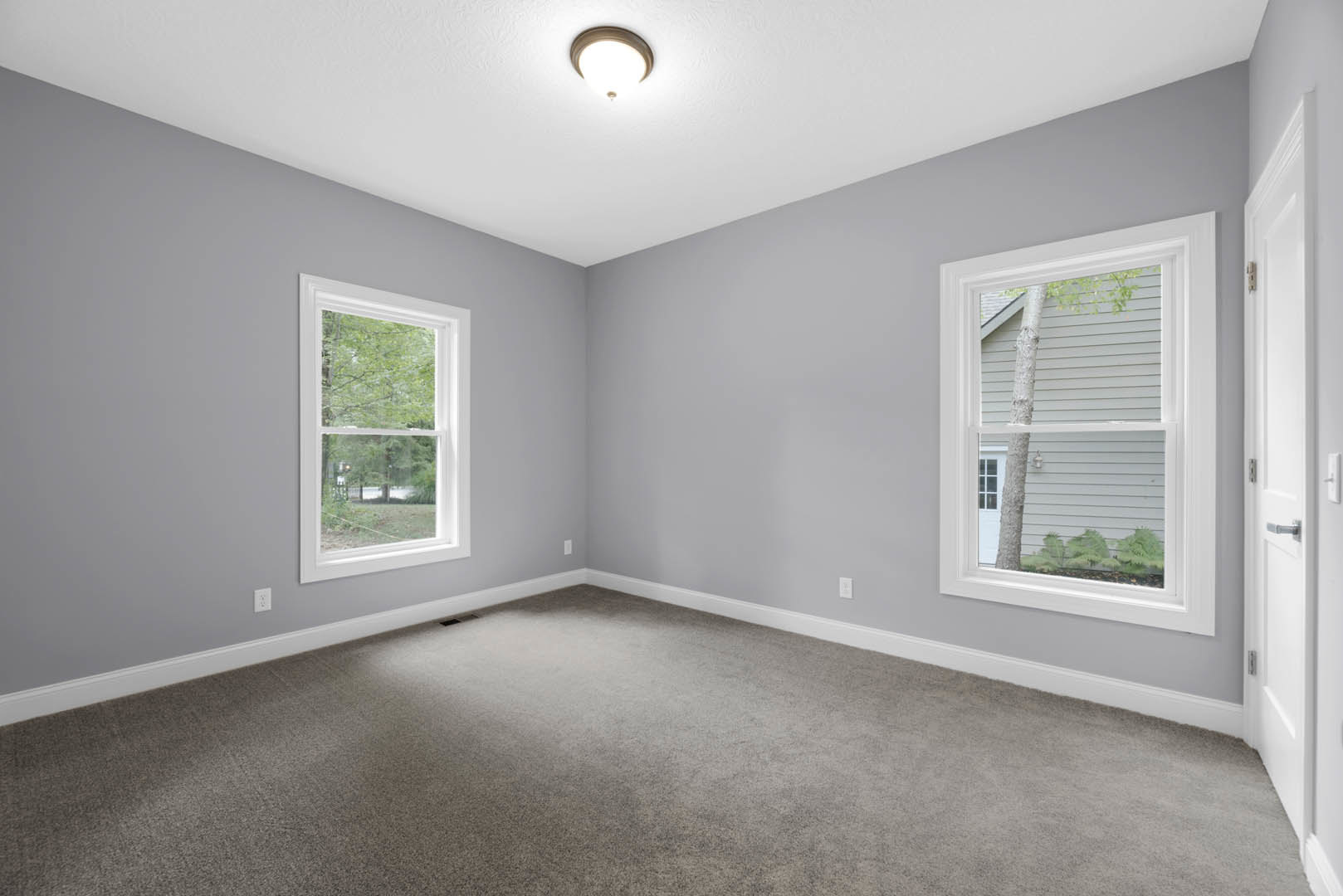Carpeted room with white walls, large windows showing trees outside, ceiling-mounted light fixture, simple molding along baseboards